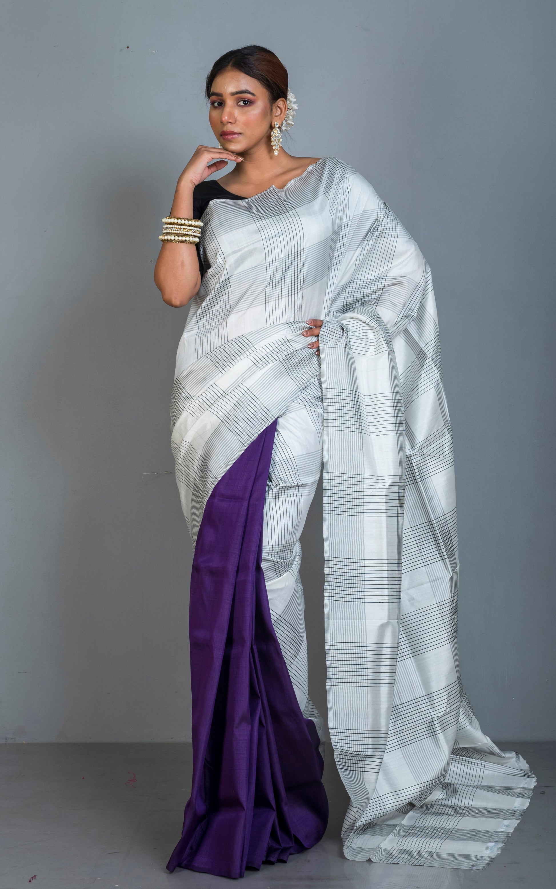 Half and Half Soft Bishnupuri Designer Katan Silk Saree in Off White, Black and Purple