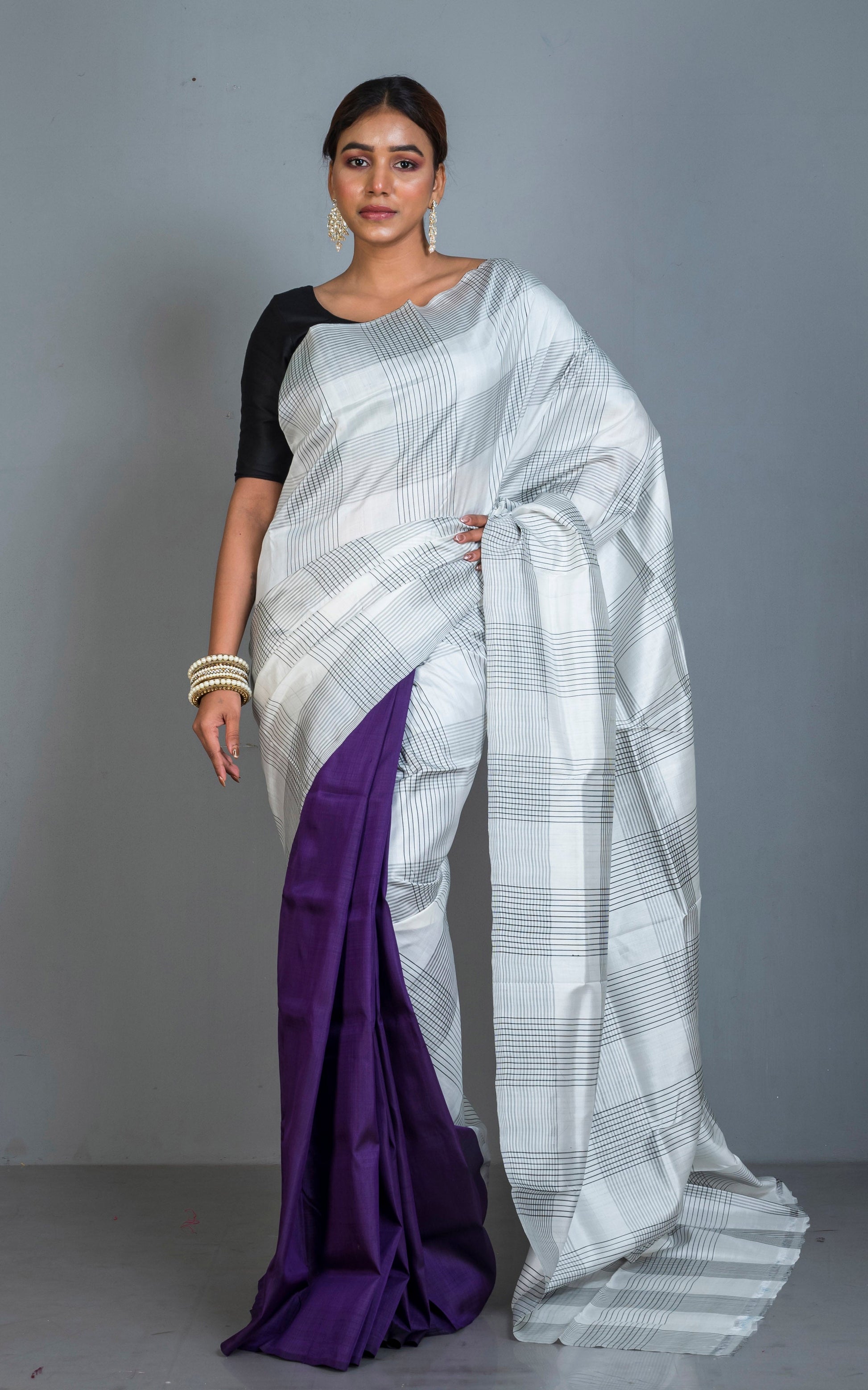 Half and Half Soft Bishnupuri Designer Katan Silk Saree in Off White, Black and Purple