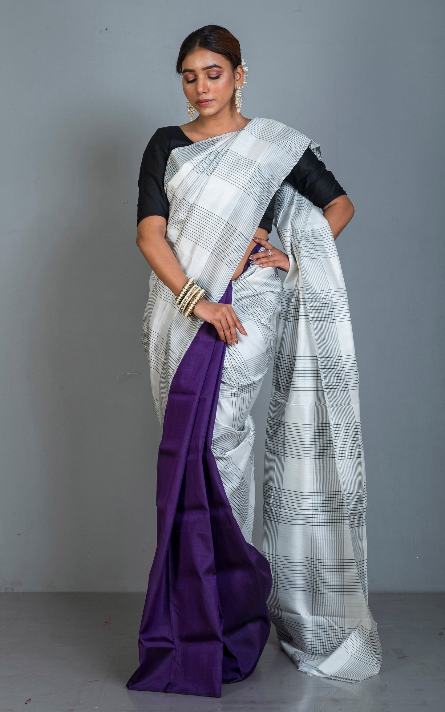 Half and Half Soft Bishnupuri Designer Katan Silk Saree in Off White, Black and Purple