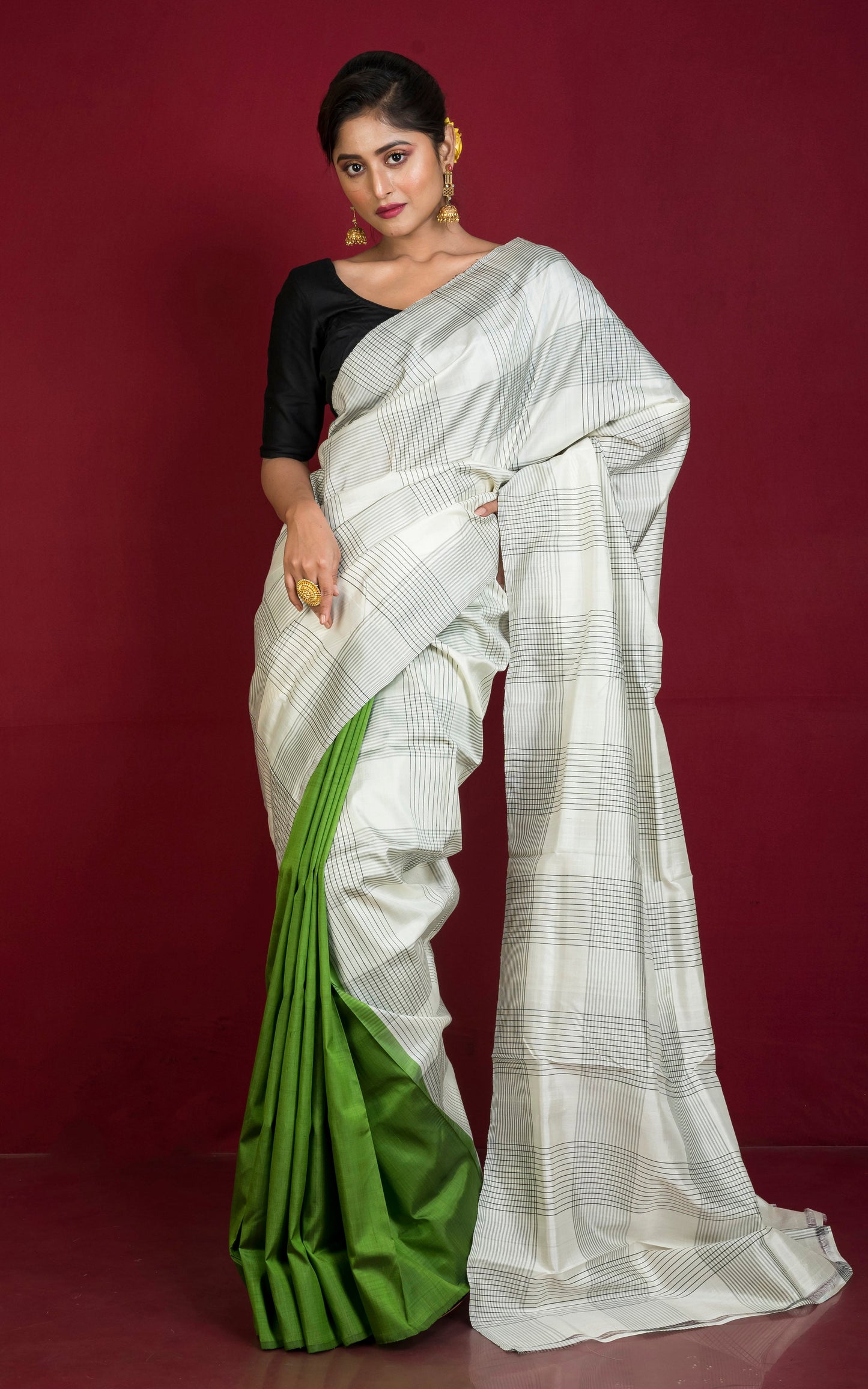 Half and Half Soft Bishnupuri Katan Silk Saree in Off White, Black and Green