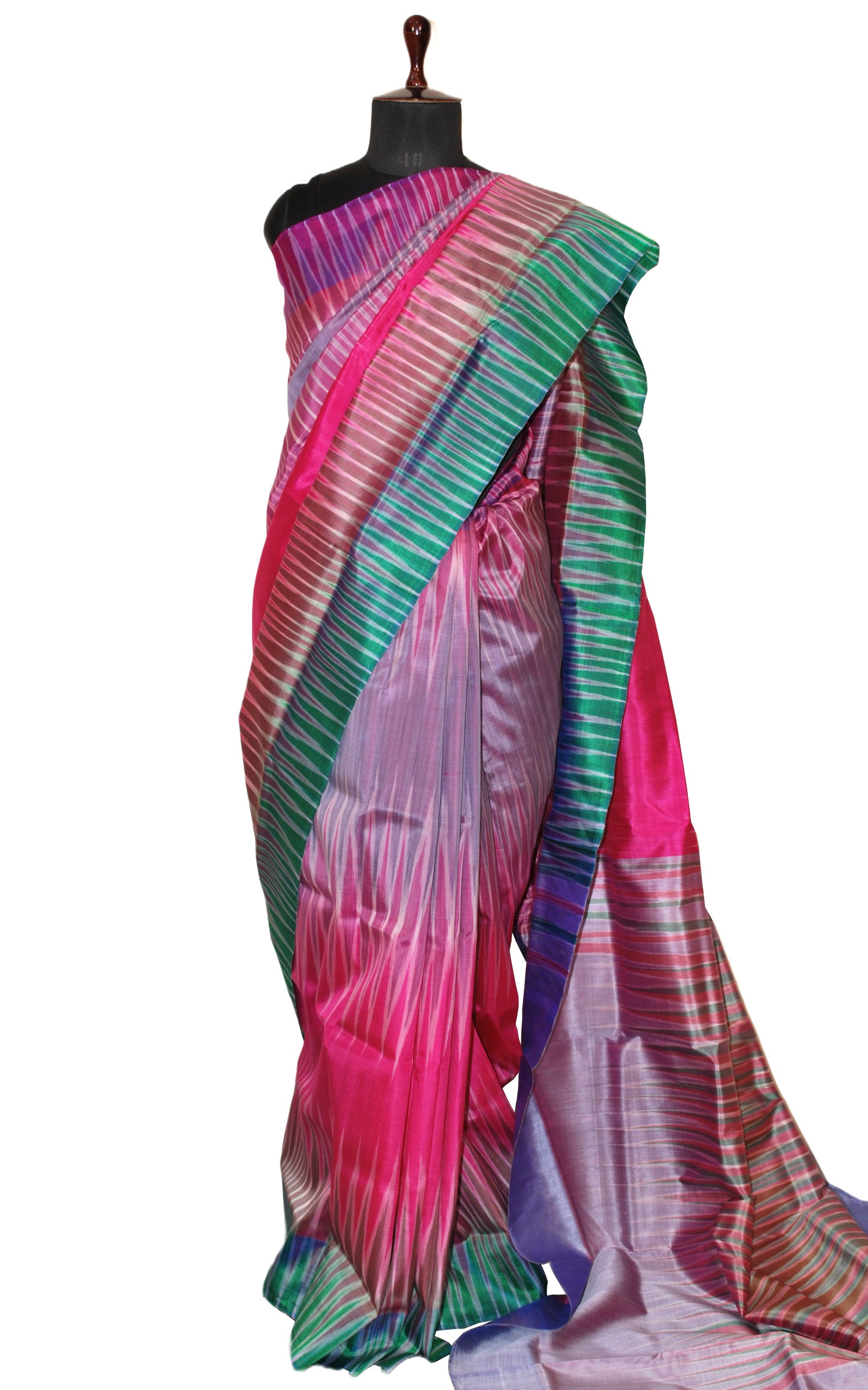 Bishnupuri Double Ikkat Pure Silk Saree in Rose Pink, Myrtle Green and Multicolored