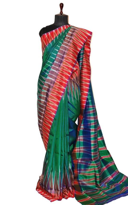 Bishnupuri Double Ikkat Pure Silk Saree in Emerald Green and Multicolored