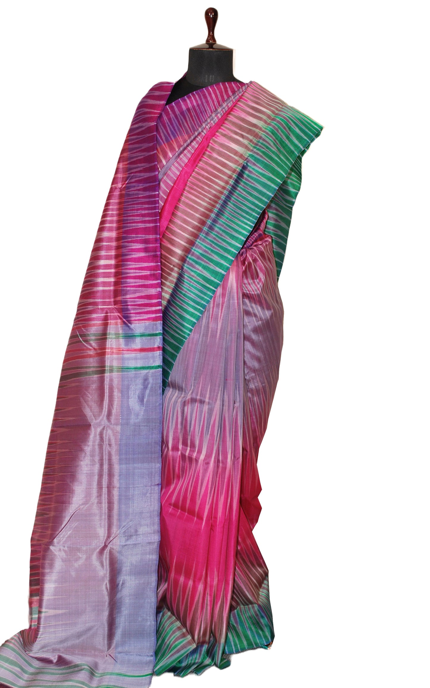 Bishnupuri Double Ikkat Pure Silk Saree in Rose Pink, Myrtle Green and Multicolored