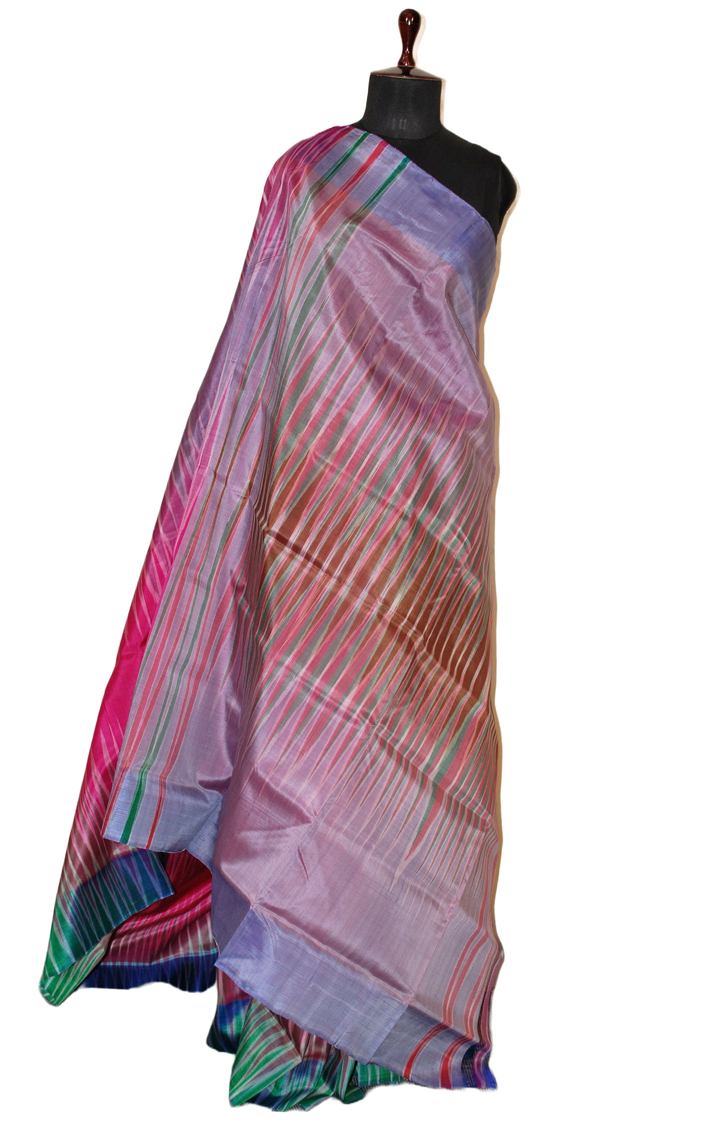 Bishnupuri Double Ikkat Pure Silk Saree in Rose Pink, Myrtle Green and Multicolored