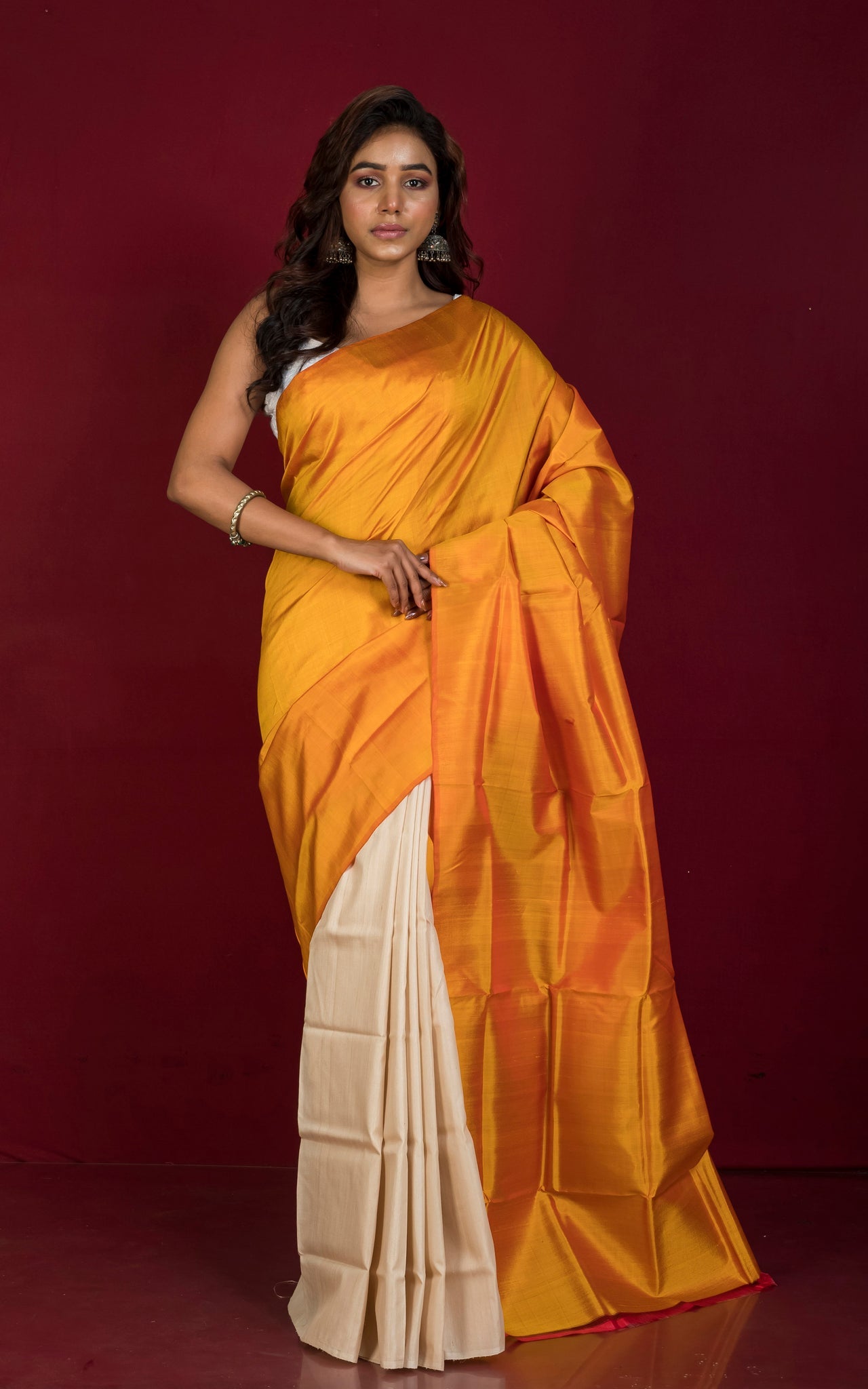 Designer Half Bishnupuri Katan Pure Silk and Half Gachi Tussar Silk in Amber Yellow and Beige