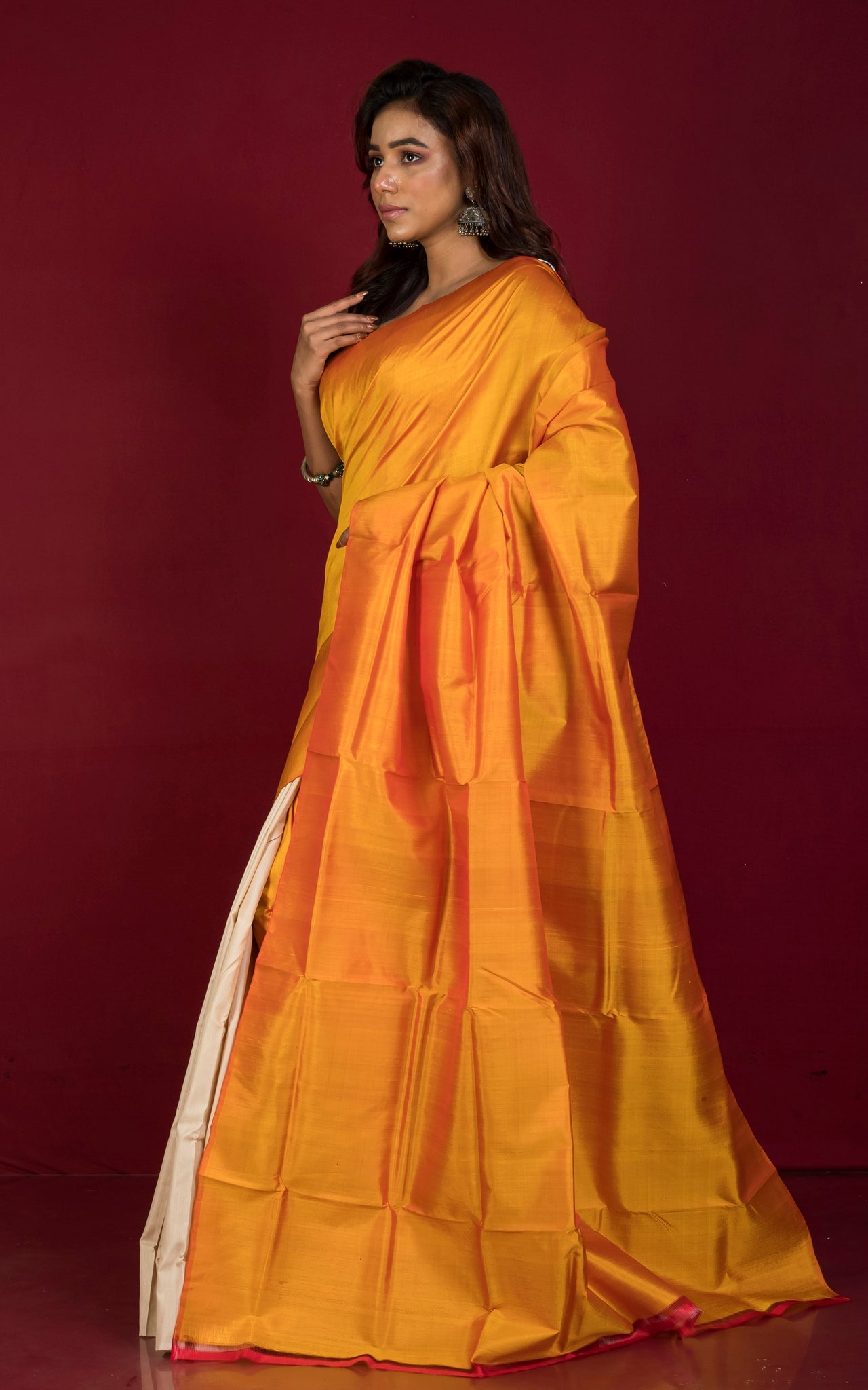 Designer Half Bishnupuri Katan Pure Silk and Half Gachi Tussar Silk in Amber Yellow and Beige