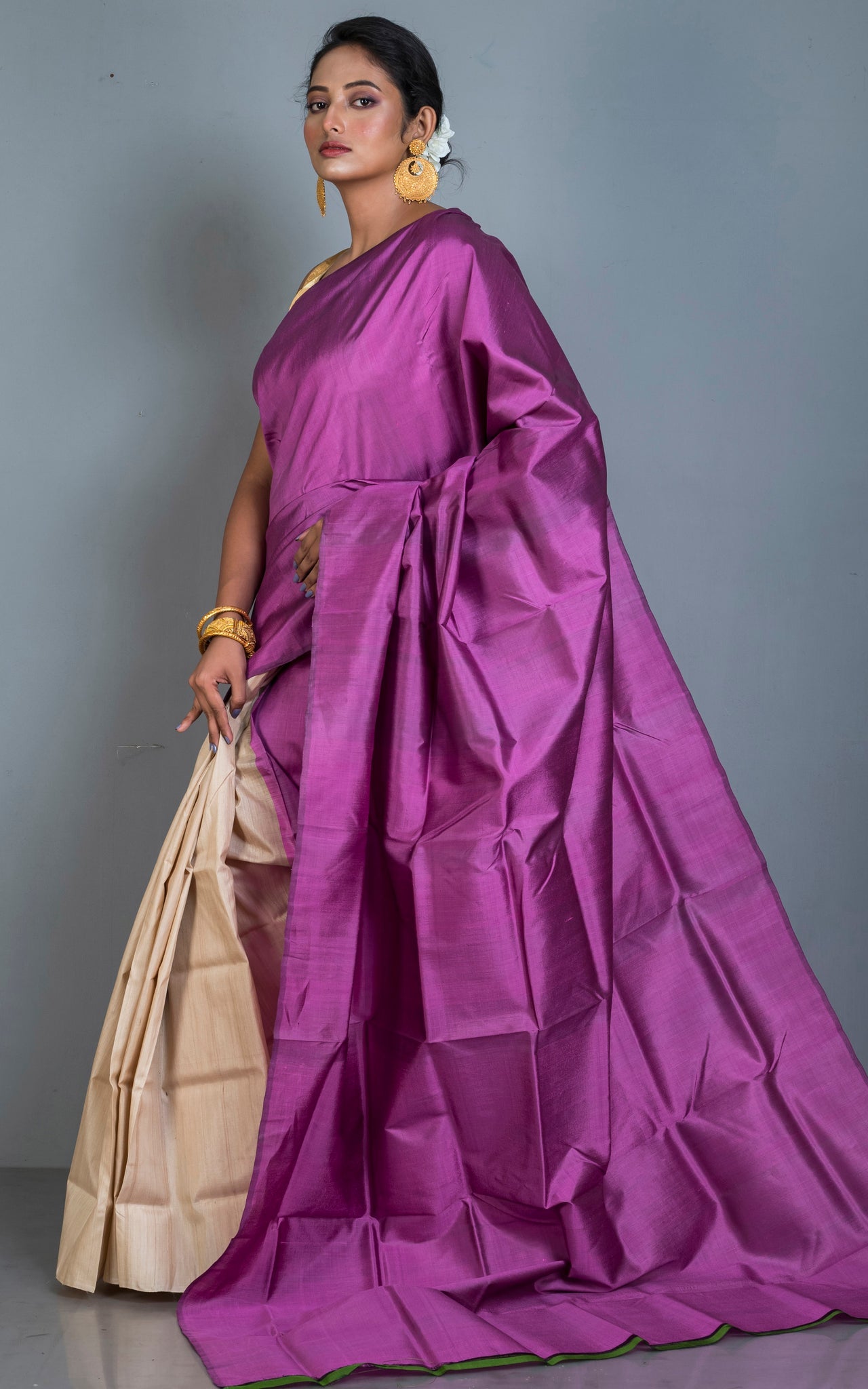 Designer Half Bishnupuri Katan Pure Silk and Half Gachi Tussar Silk in Purple and Beige