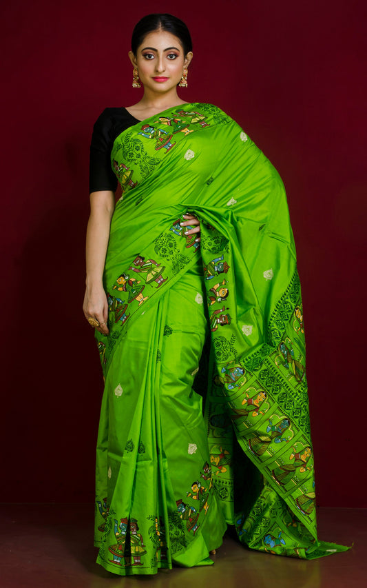 Patachitra Hand Fabric Art on Soft Bishnupuri Katan Silk Saree in Lime Green