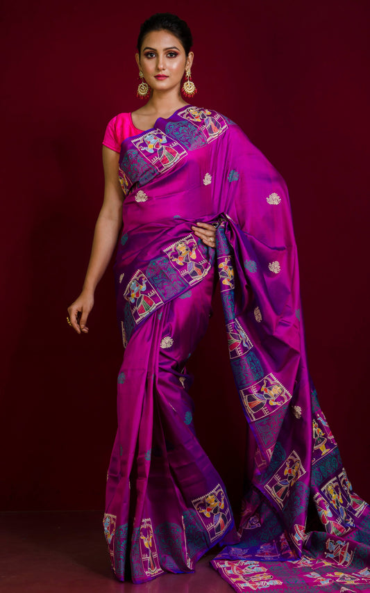 Patachitra Hand Fabric Art on Soft Bishnupuri Katan Silk Saree in Dual Tone Magenta