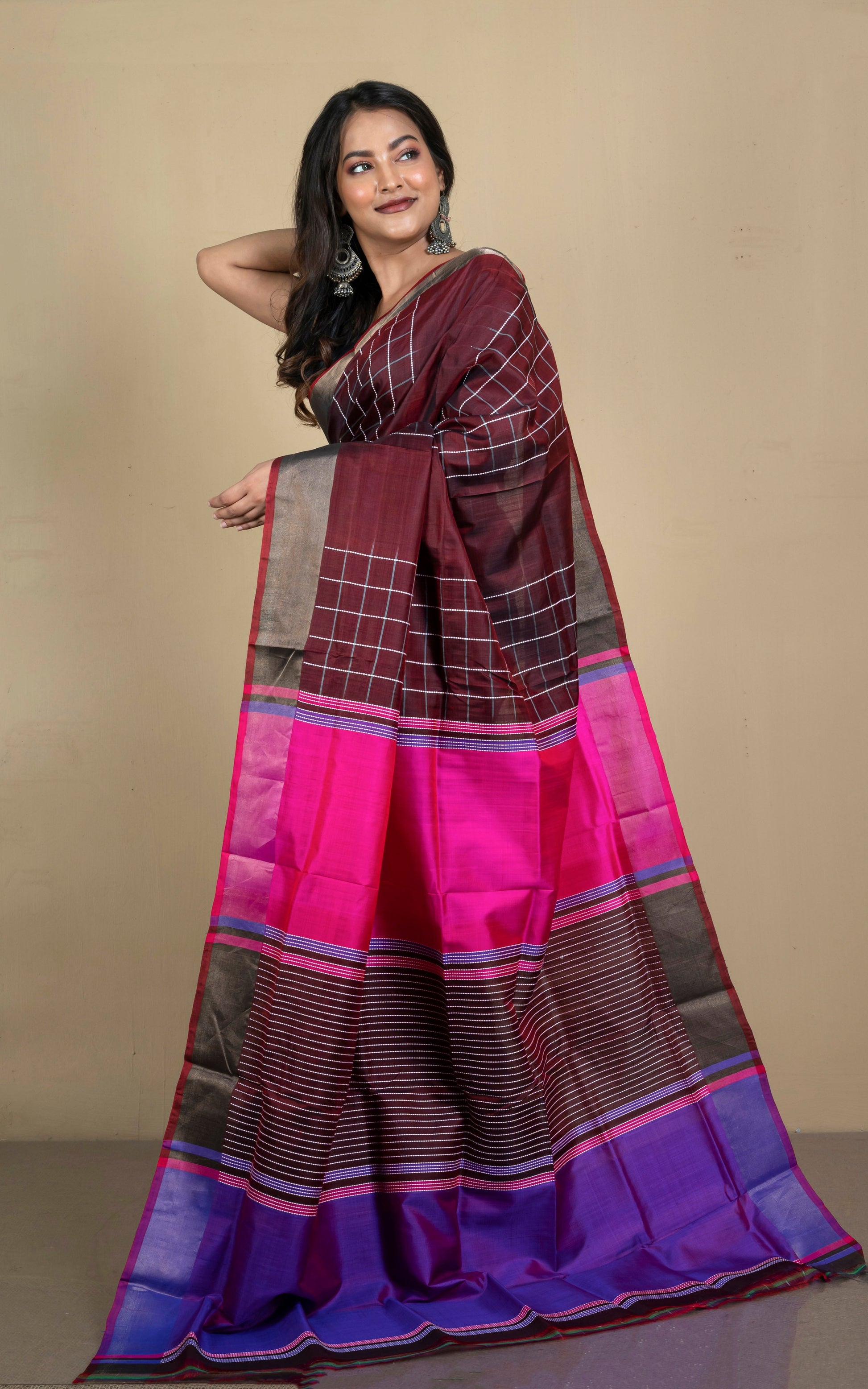 Handwoven Bishnupuri Checks Katan Silk Saree in Garnet, Off White, Bright Pink and Purple