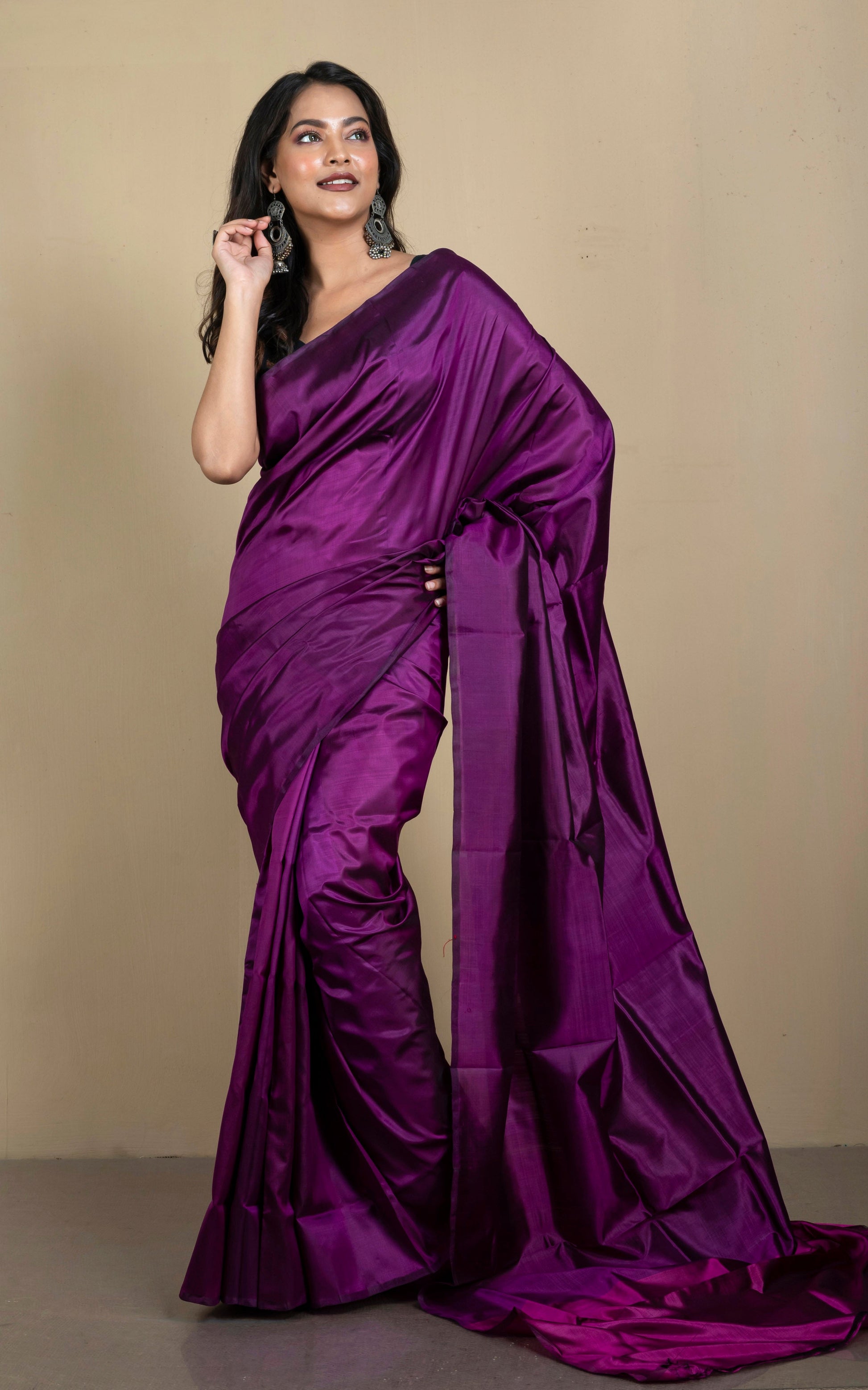 Soft Woven Bishnupuri Katan Silk Saree in Egg Plant Purple