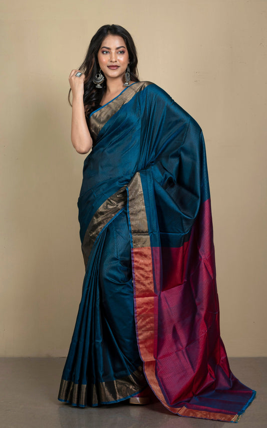 Tanchui Self Woven Nakshi Work Bishnupuri Katan Silk Saree in Indigo Blue, Imperial Red and Antique Gold