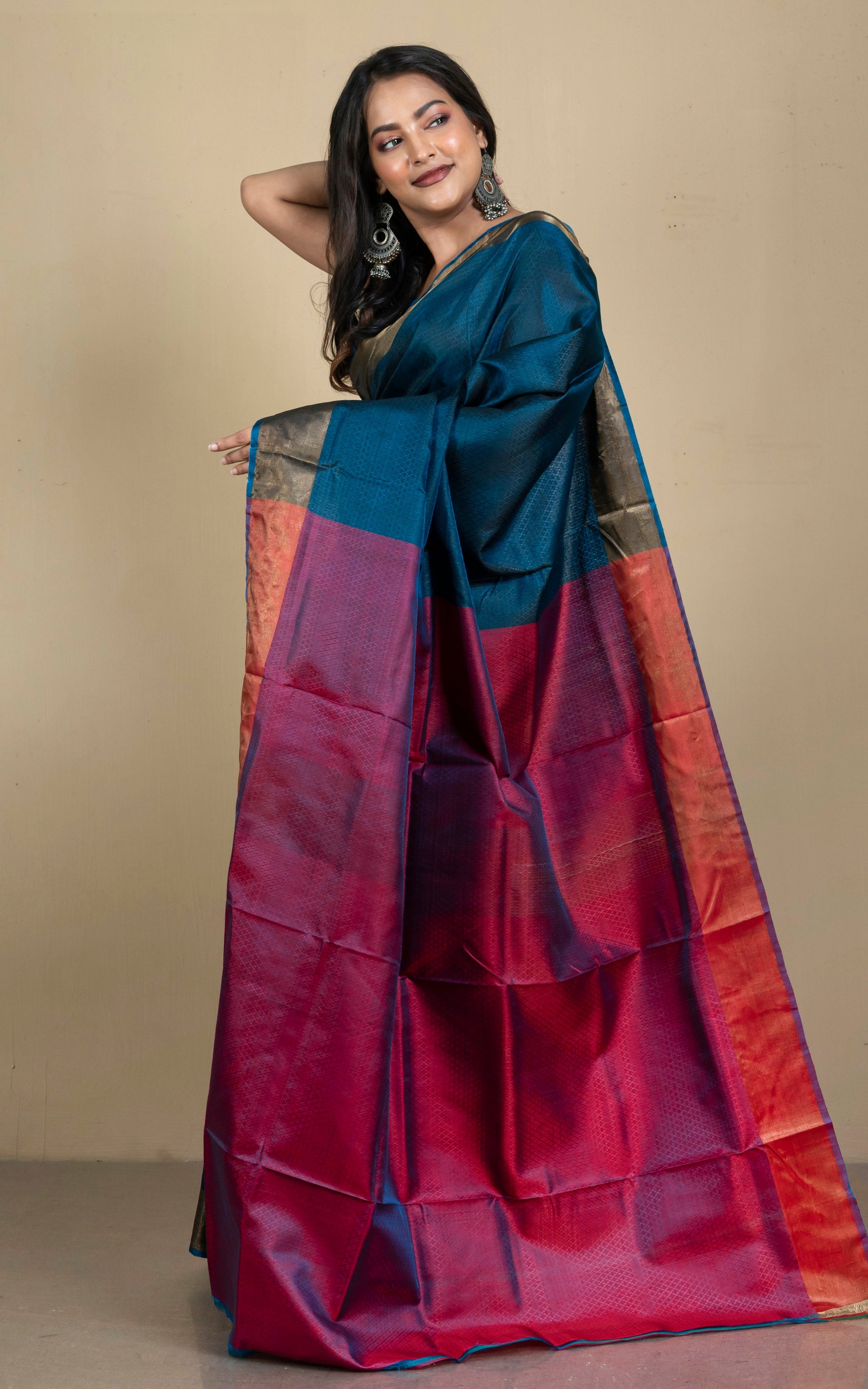 Tanchui Self Woven Nakshi Work Bishnupuri Katan Silk Saree in Indigo Blue, Imperial Red and Antique Gold