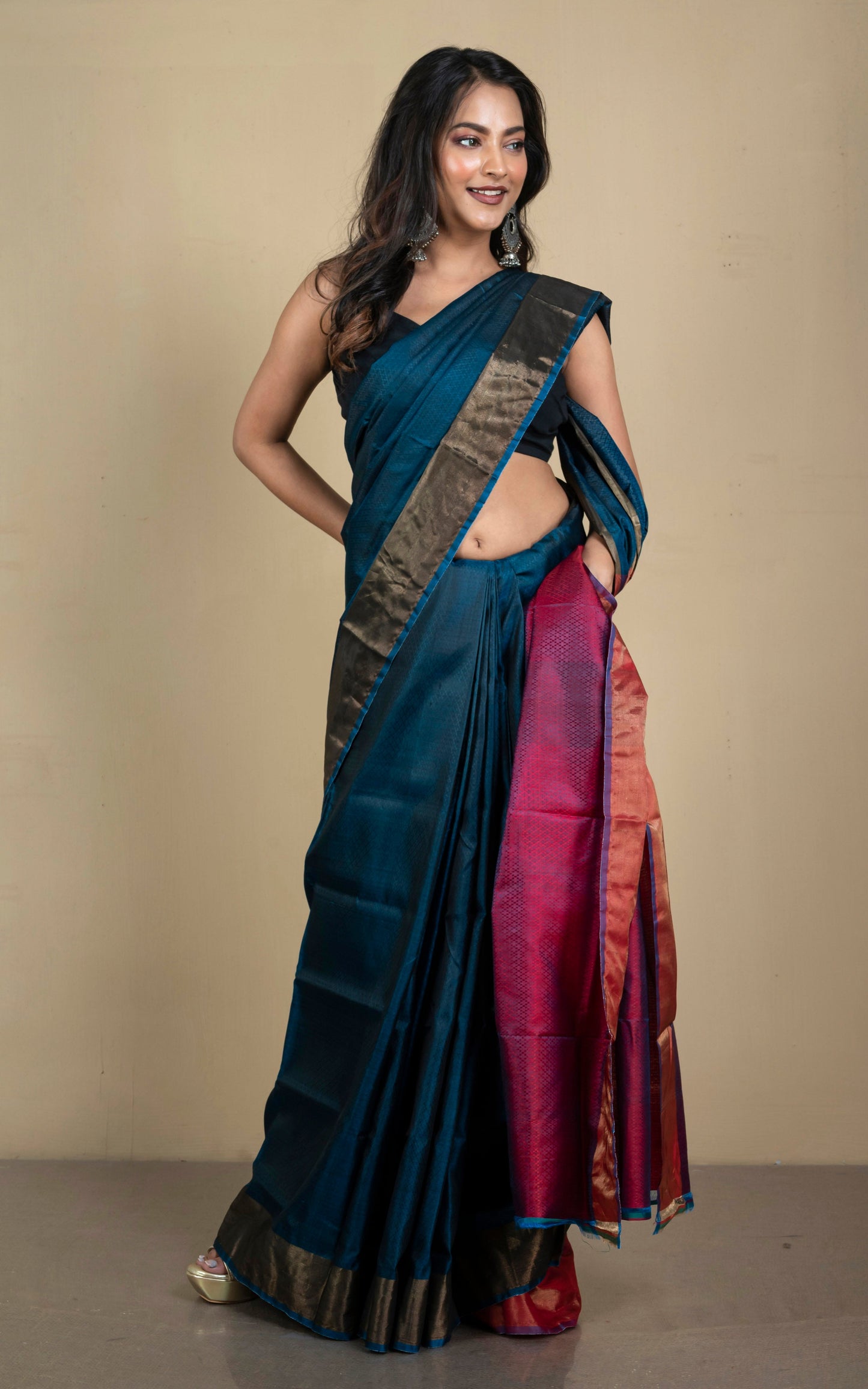 Tanchui Self Woven Nakshi Work Bishnupuri Katan Silk Saree in Indigo Blue, Imperial Red and Antique Gold