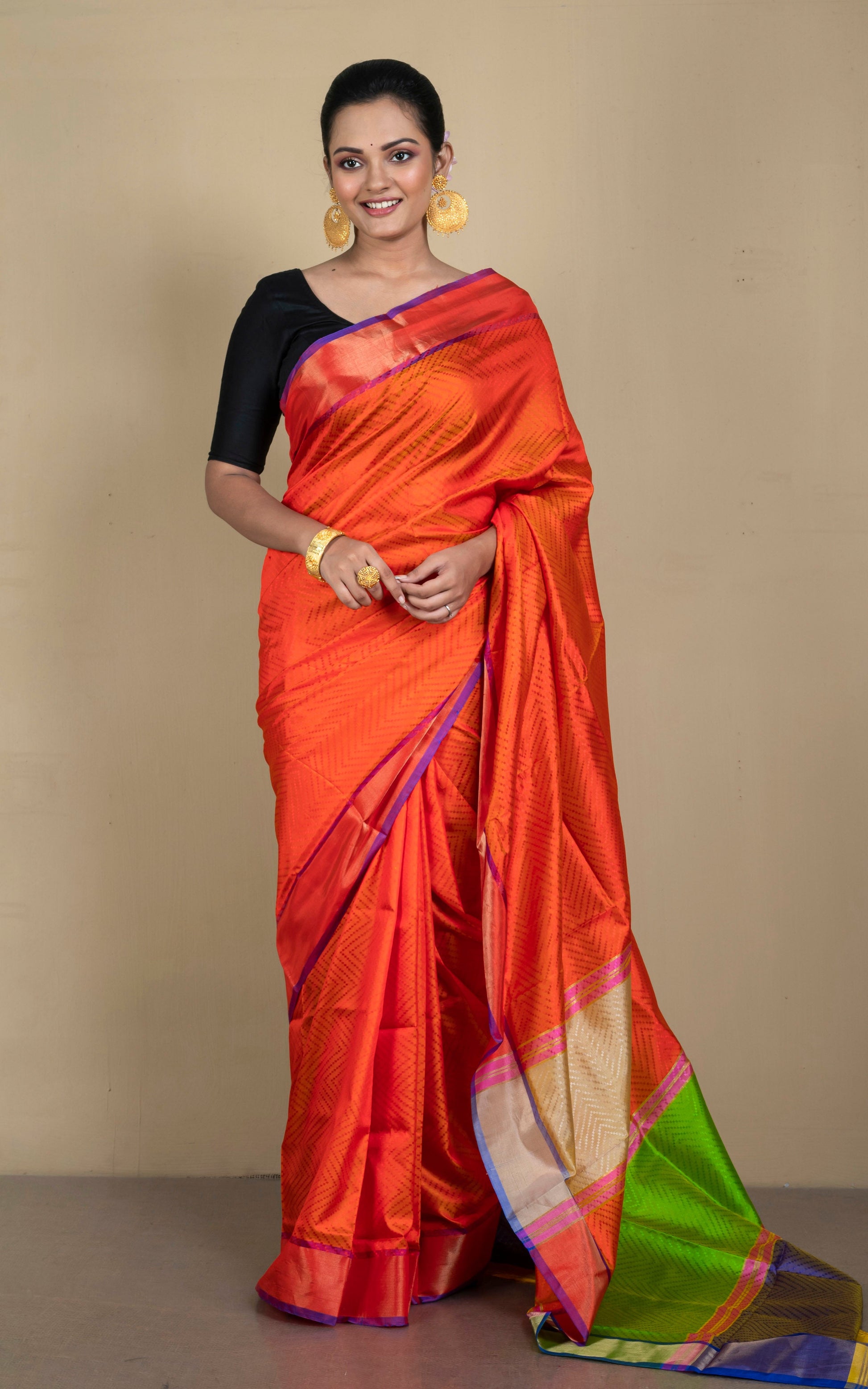 Tanchui Self Woven Nakshi Work Bishnupuri Katan Silk Saree in Orange, Beige, Green, Purple and Antique Gold