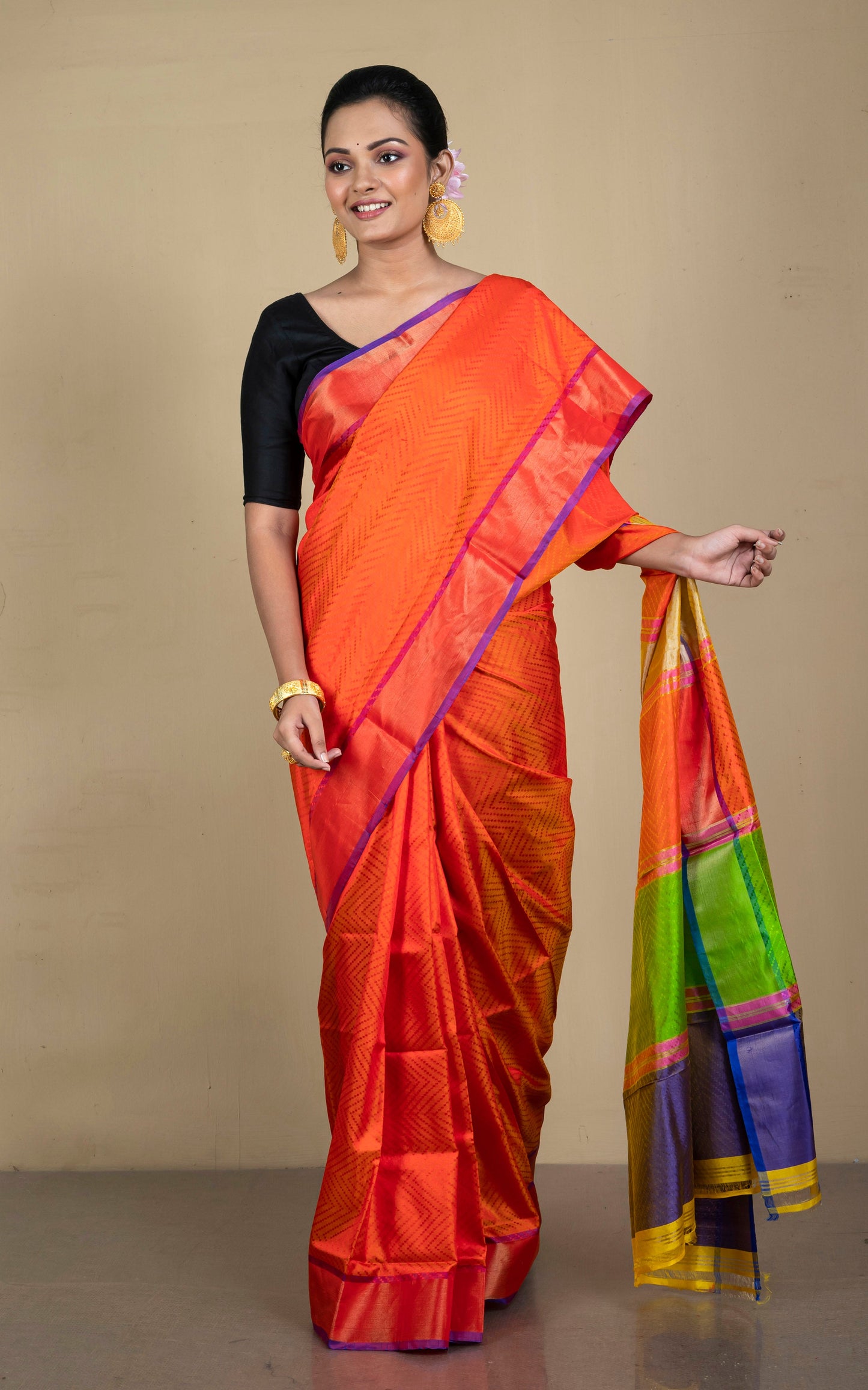 Tanchui Self Woven Nakshi Work Bishnupuri Katan Silk Saree in Orange, Beige, Green, Purple and Antique Gold