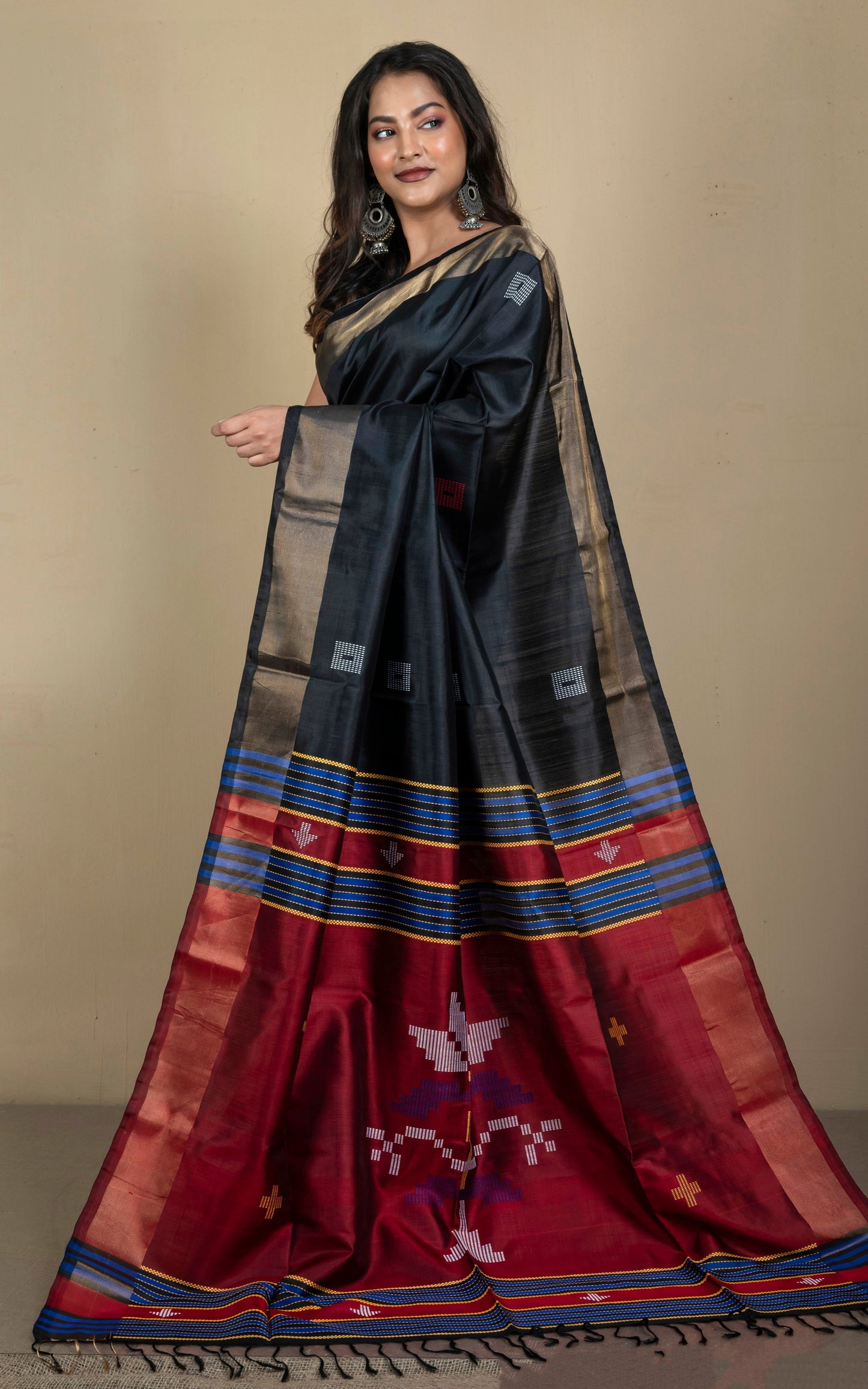 Handwoven Bishnupuri Kalakshetra Katan Silk Saree in Black, Dark Red, Blue and Off White