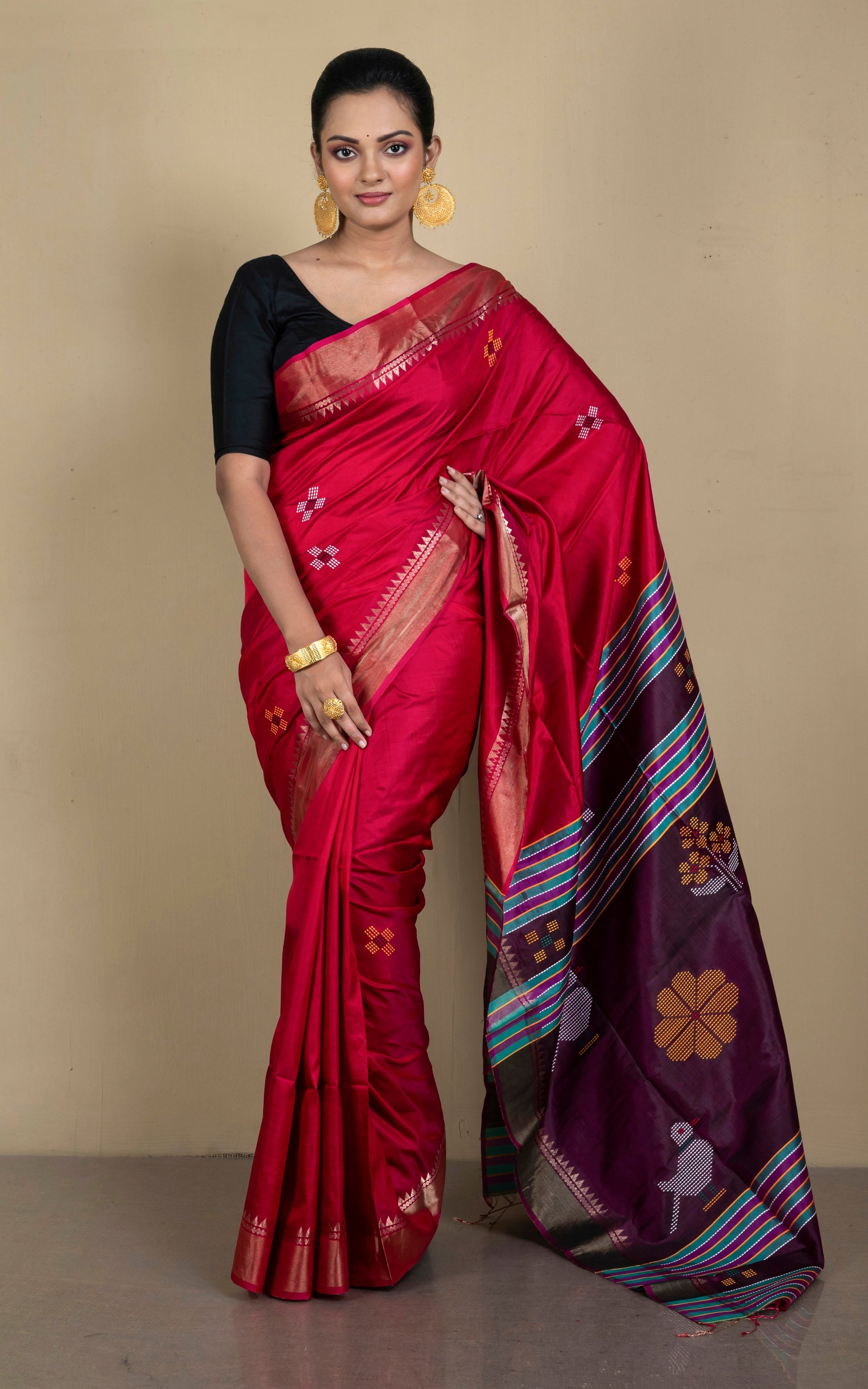 Handwoven Bishnupuri Kalakshetra Katan Silk Saree in Red, Wine and Multicolored