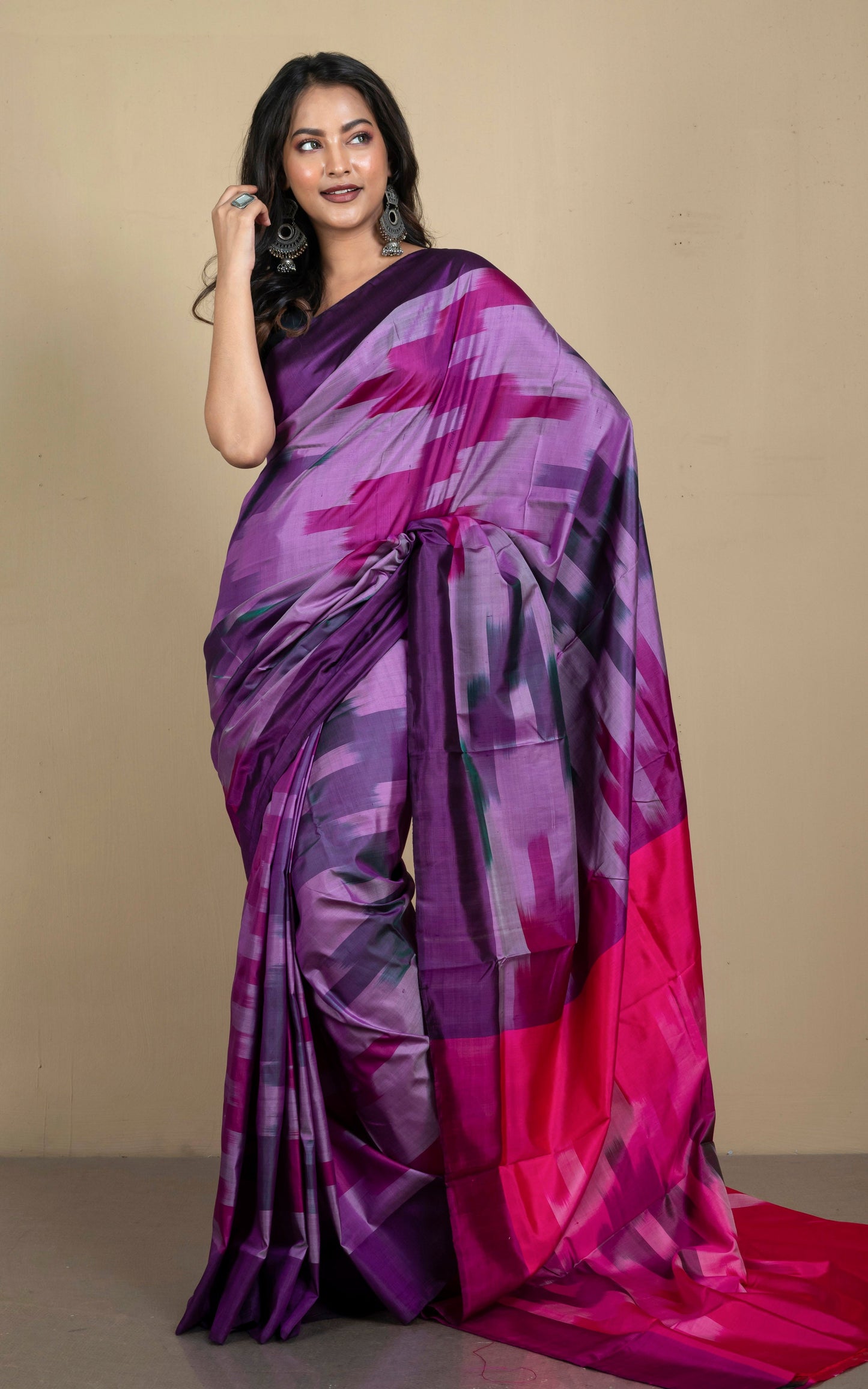 Bishnupuri Pochampally Ikkat Silk Saree in Purple, Cerise Pink and Multicolored