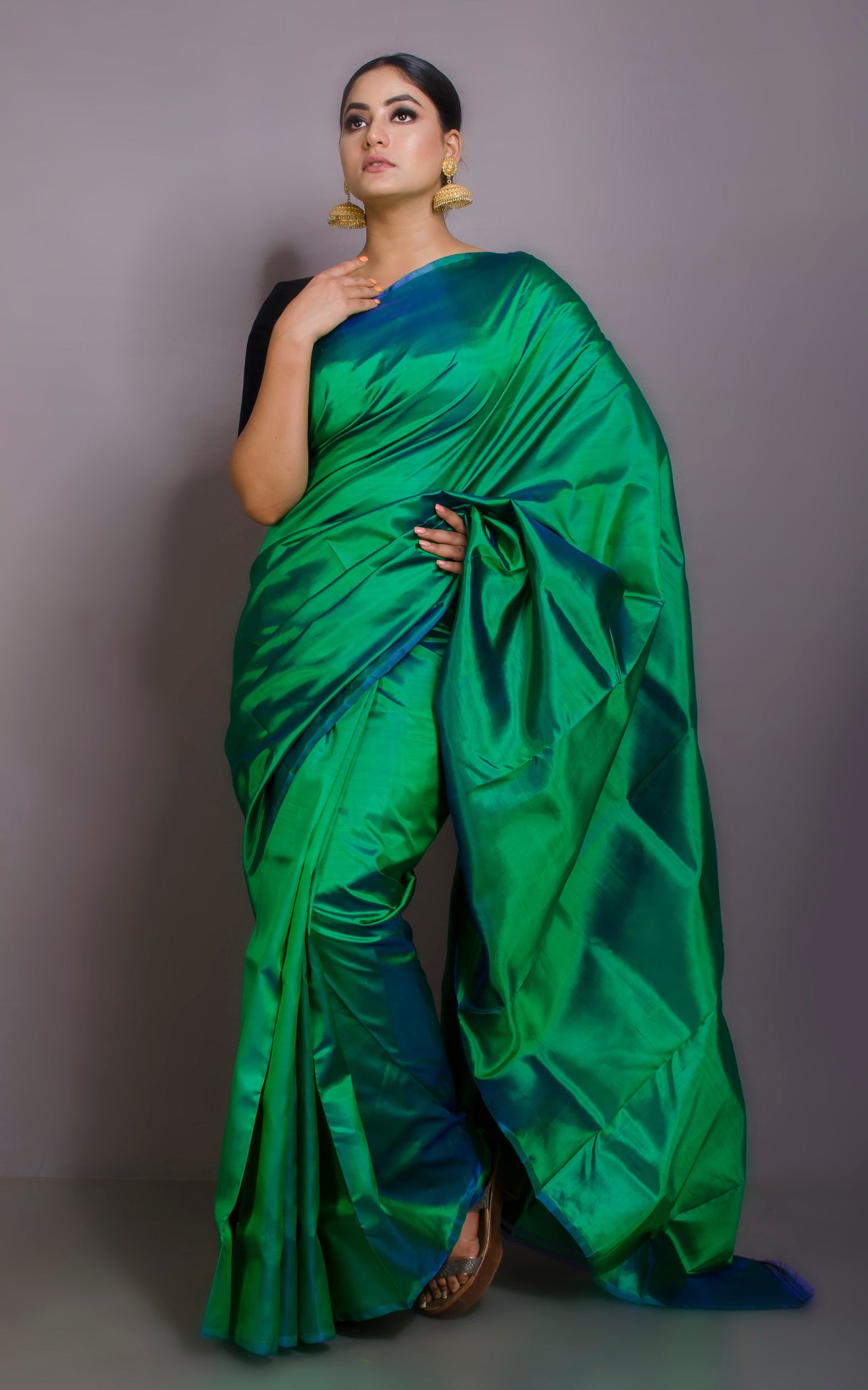 Soft Bishnupuri Katan Silk Saree in Jade Green