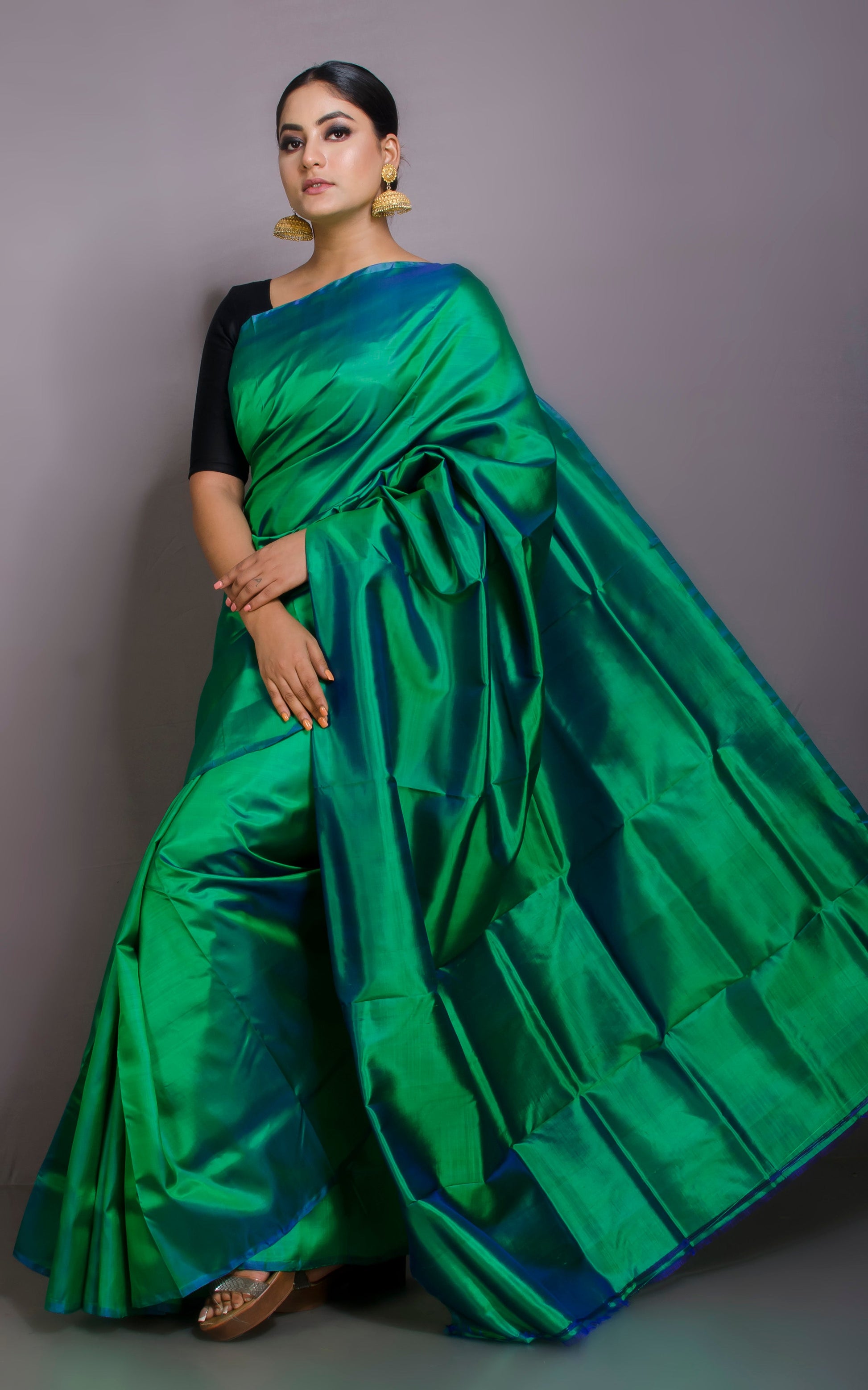 Soft Bishnupuri Katan Silk Saree in Jade Green