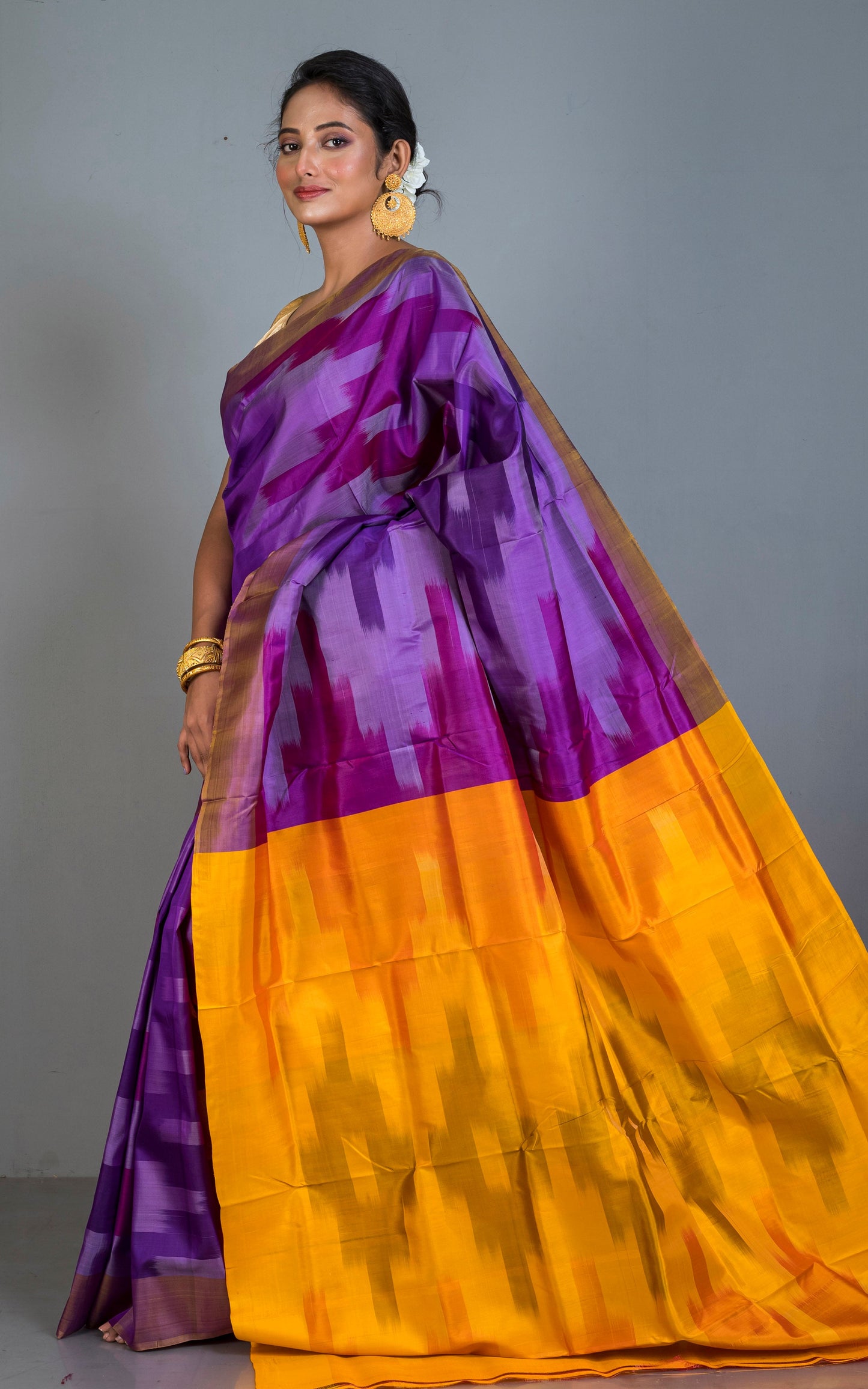 Bishnupuri Pochampally Ikkat Silk Saree in Purple, Golden Yellow and Multicolored