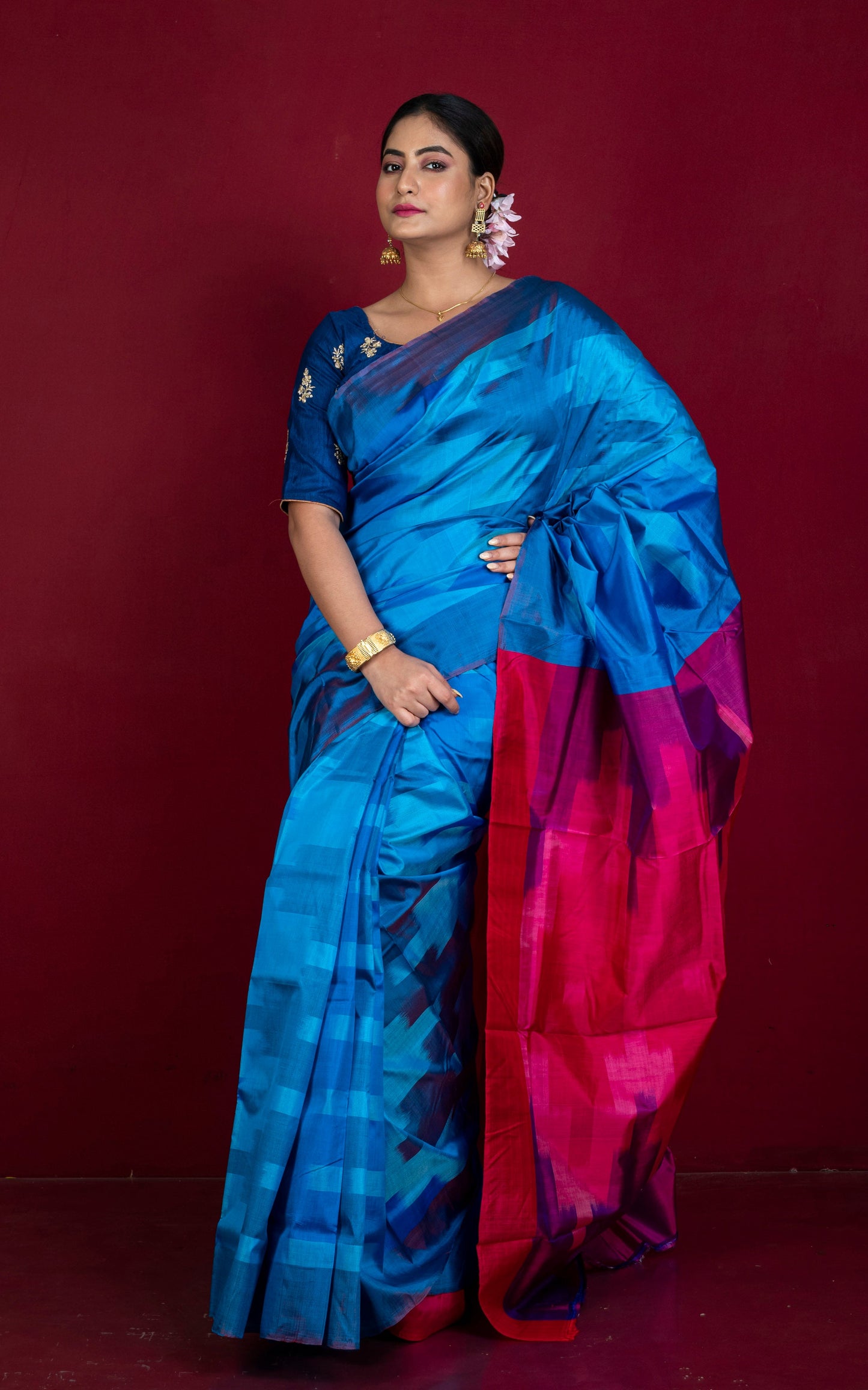 Bishnupuri Pochampally Ikkat Silk Saree in German Blue and Hot Pink