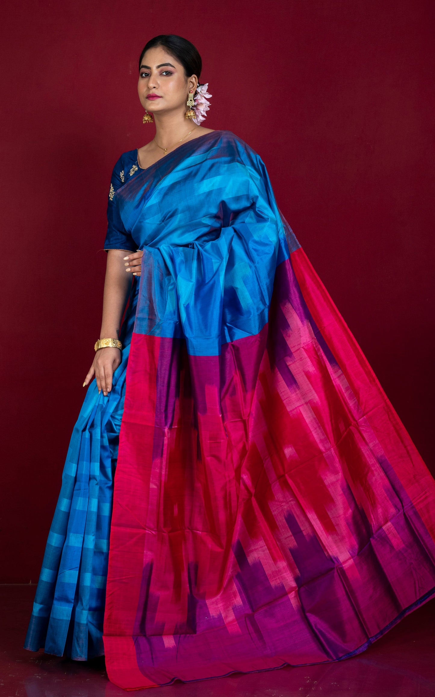 Bishnupuri Pochampally Ikkat Silk Saree in German Blue and Hot Pink