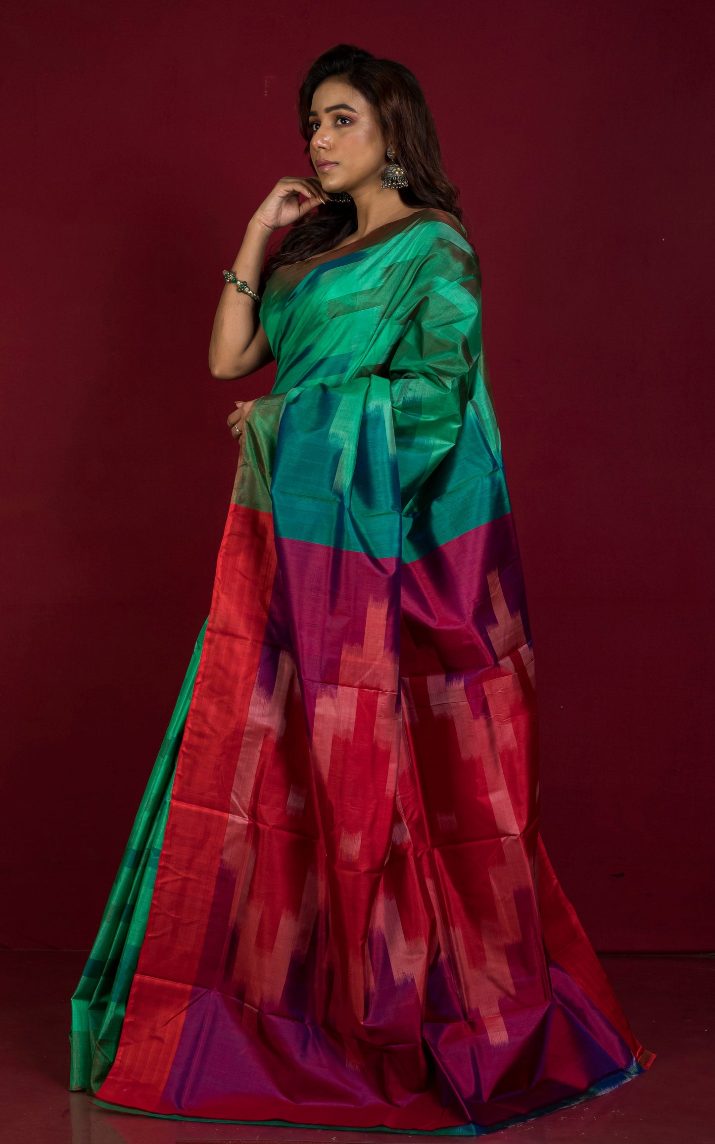 Bishnupuri Pochampally Ikkat Silk Saree in Myrtle Green, Red and Multicolored