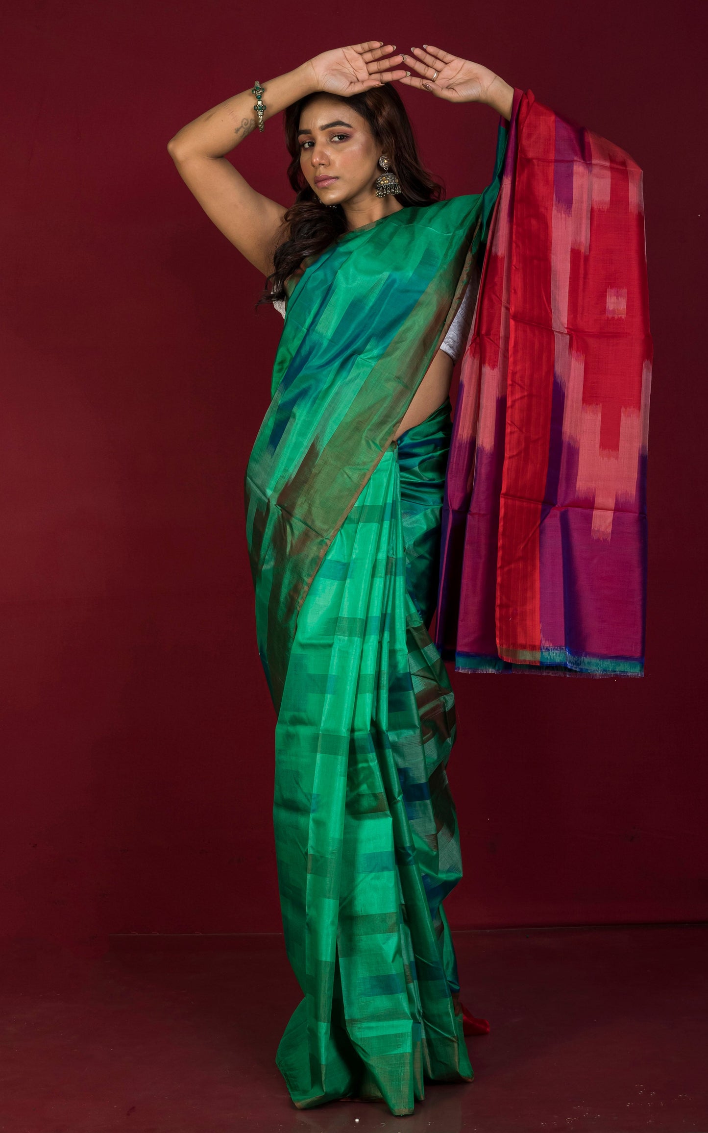 Bishnupuri Pochampally Ikkat Silk Saree in Myrtle Green, Red and Multicolored