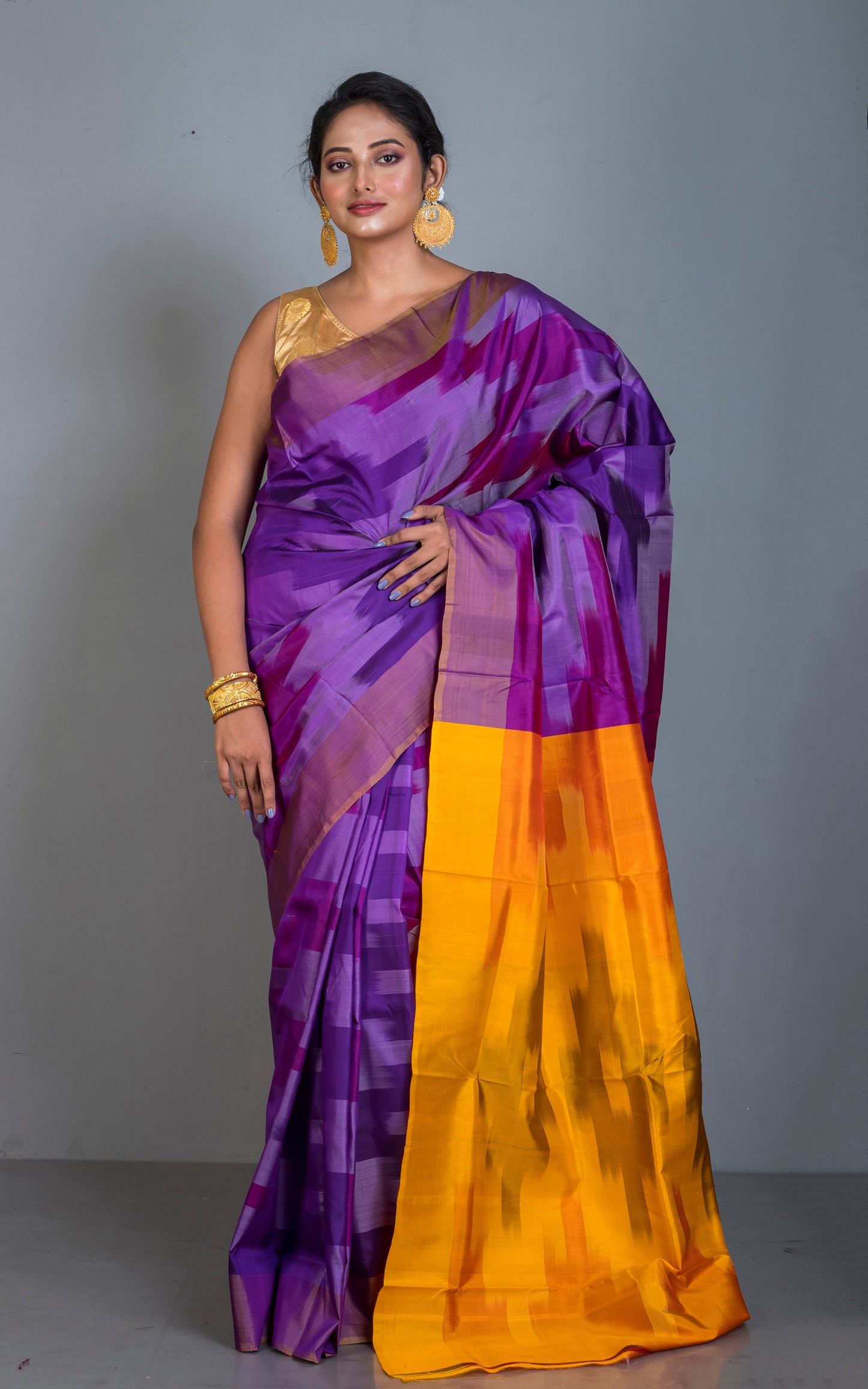 Bishnupuri Pochampally Ikkat Silk Saree in Purple, Golden Yellow and Multicolored