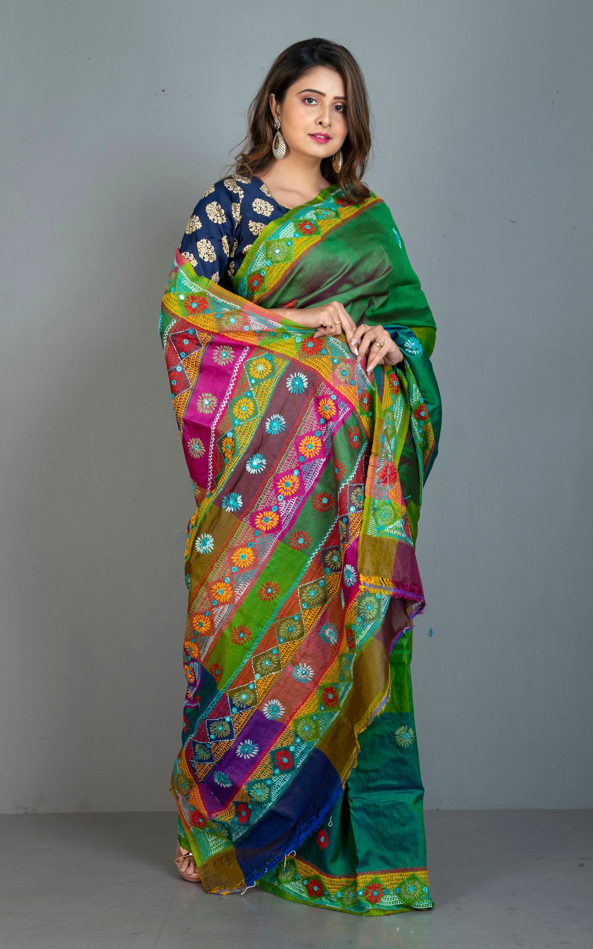 Lambani Hand Work on Soft Bishnupuri 3D Katan Silk Saree in Rama Green, Natural Green, Dark Green and Multicolored