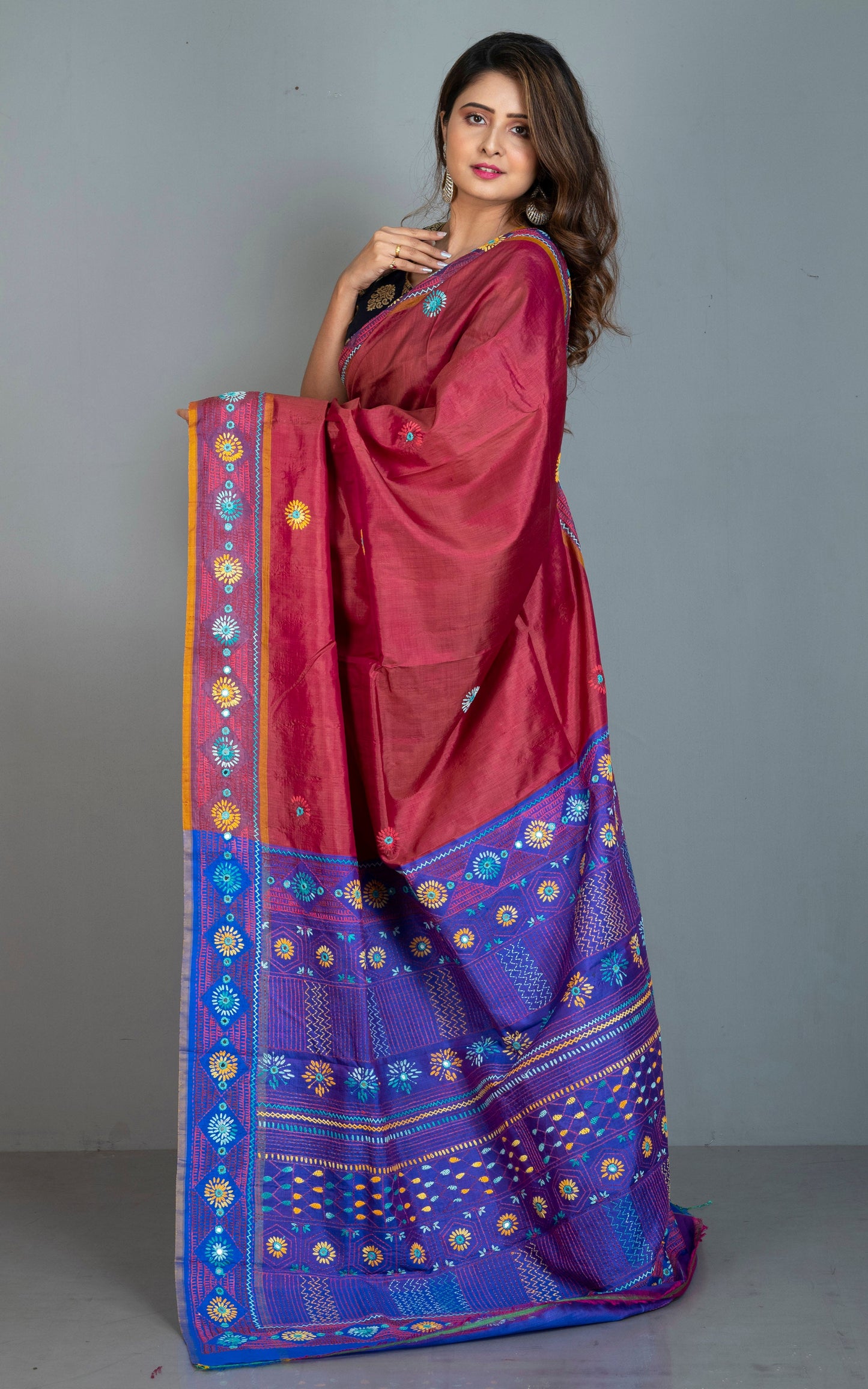 Lambani Hand Work on Soft Bishnupuri 3D Katan Silk Saree in Brick Red, Orange, Royal  Blue and Multicolored