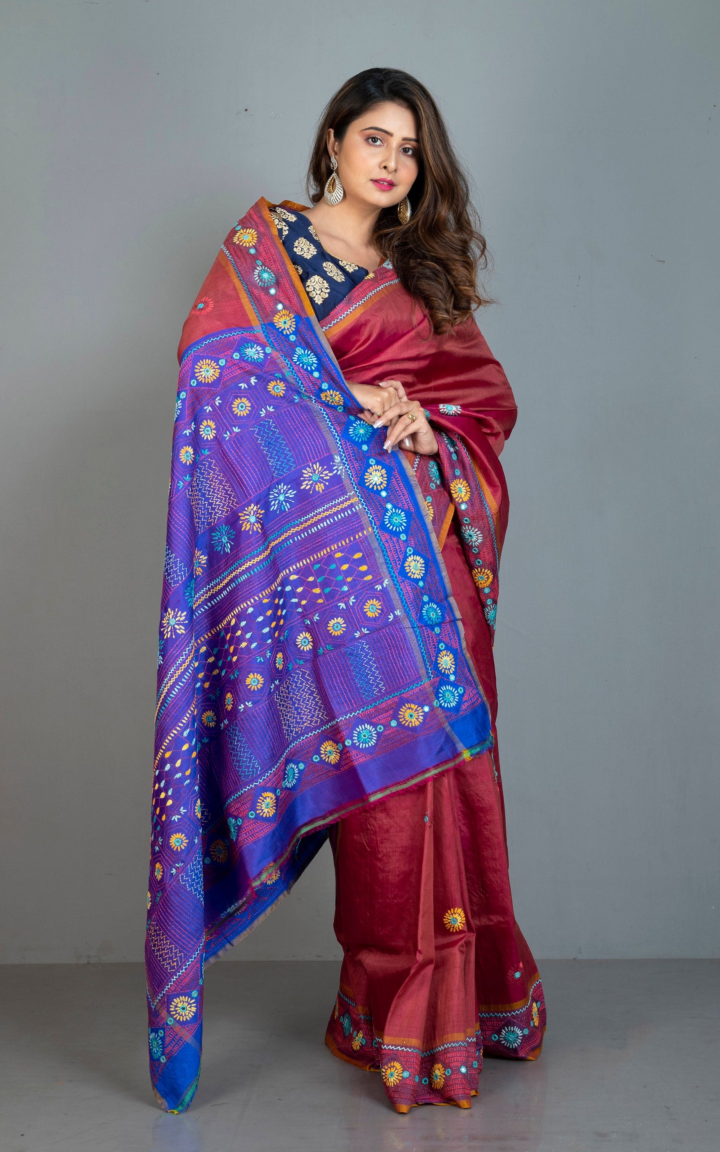 Lambani Hand Work on Soft Bishnupuri 3D Katan Silk Saree in Brick Red, Orange, Royal  Blue and Multicolored