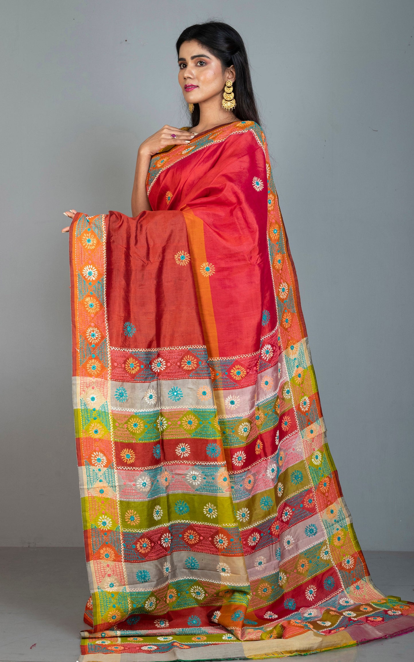 Lambani Hand Work on Soft Bishnupuri 3D Katan Silk Saree in Brown, Amber, Rustic Red and Multicolored