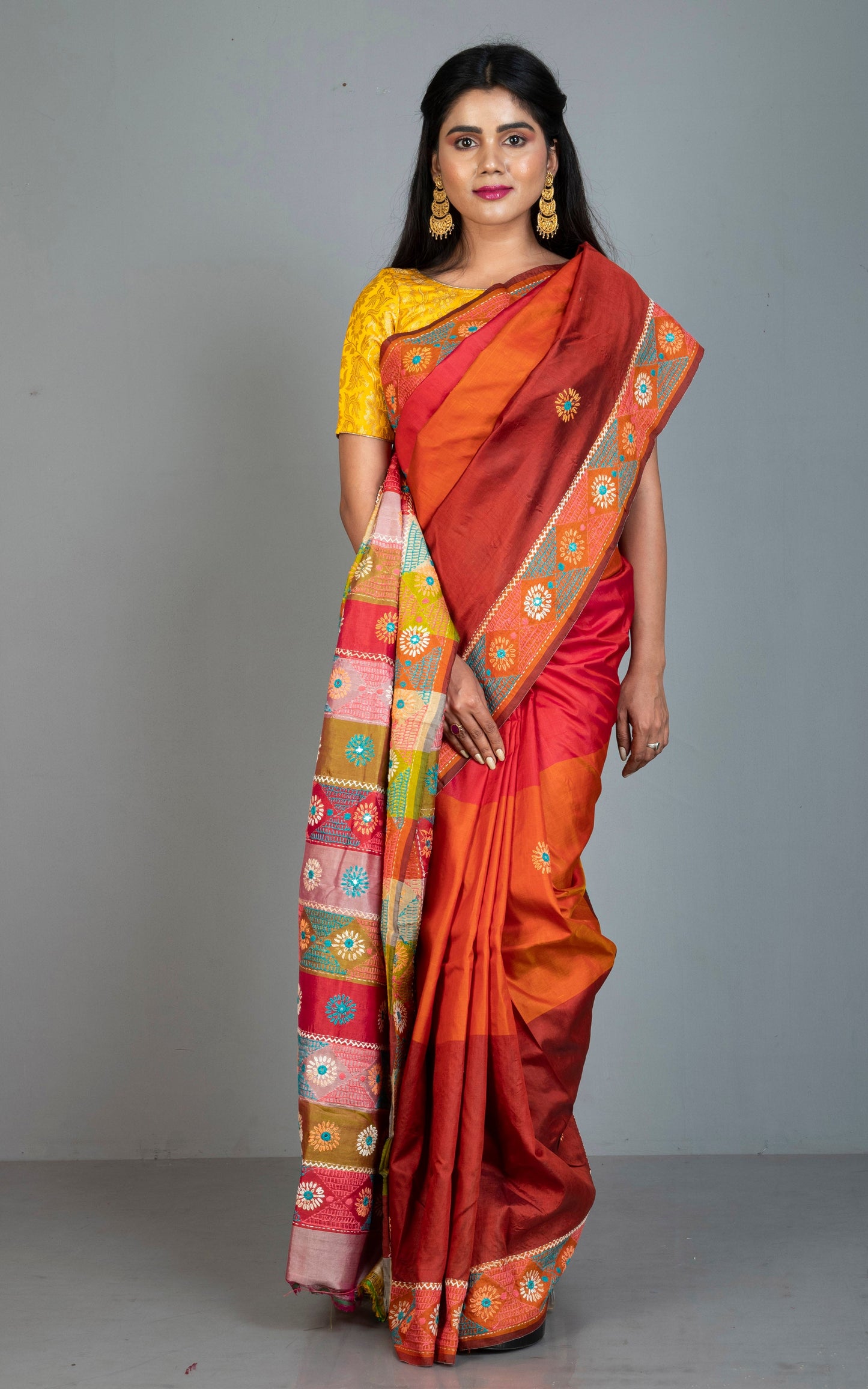 Lambani Hand Work on Soft Bishnupuri 3D Katan Silk Saree in Brown, Amber, Rustic Red and Multicolored