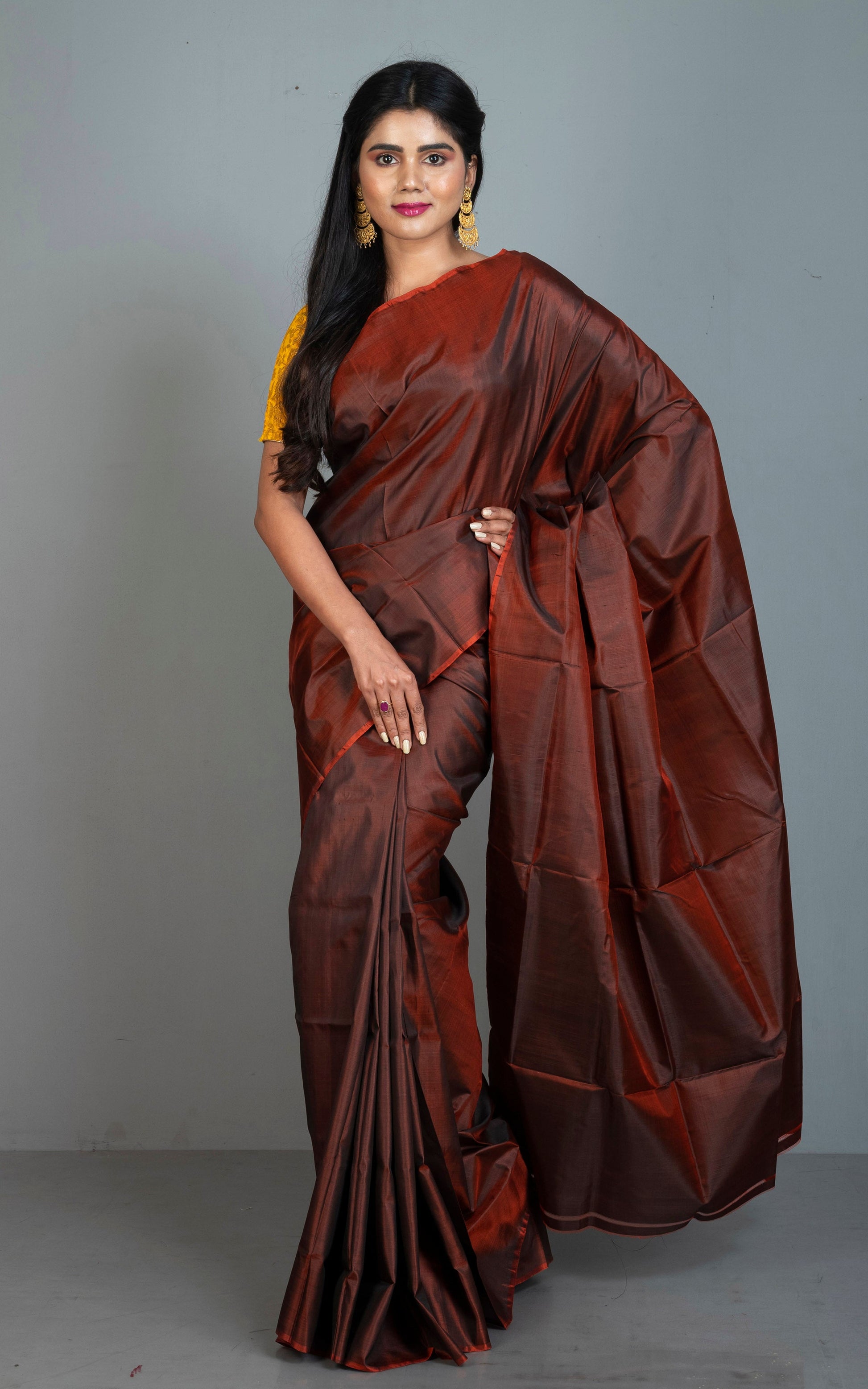 Soft Bishnupuri Katan Silk Saree in Rust Brown