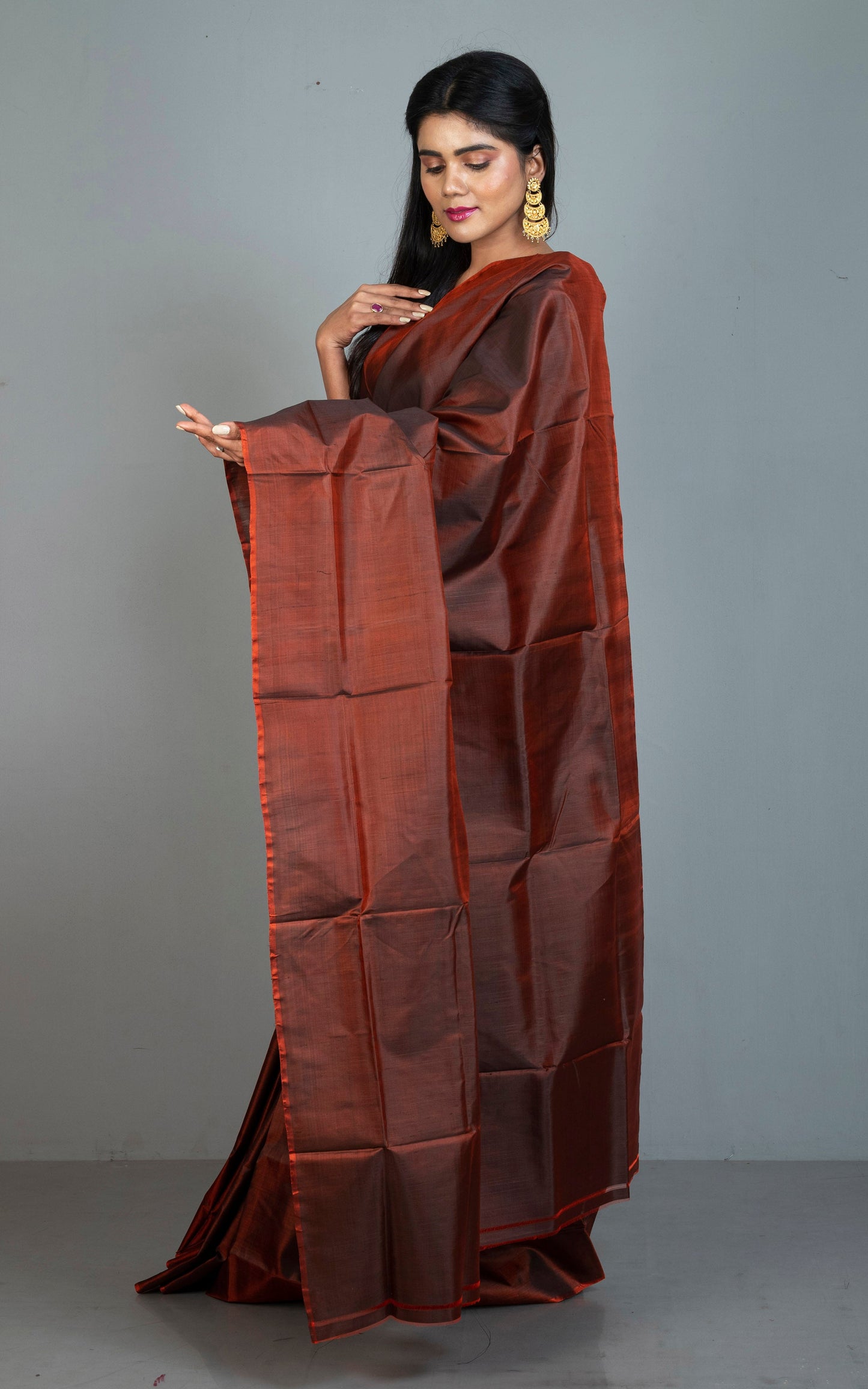 Soft Bishnupuri Katan Silk Saree in Rust Brown