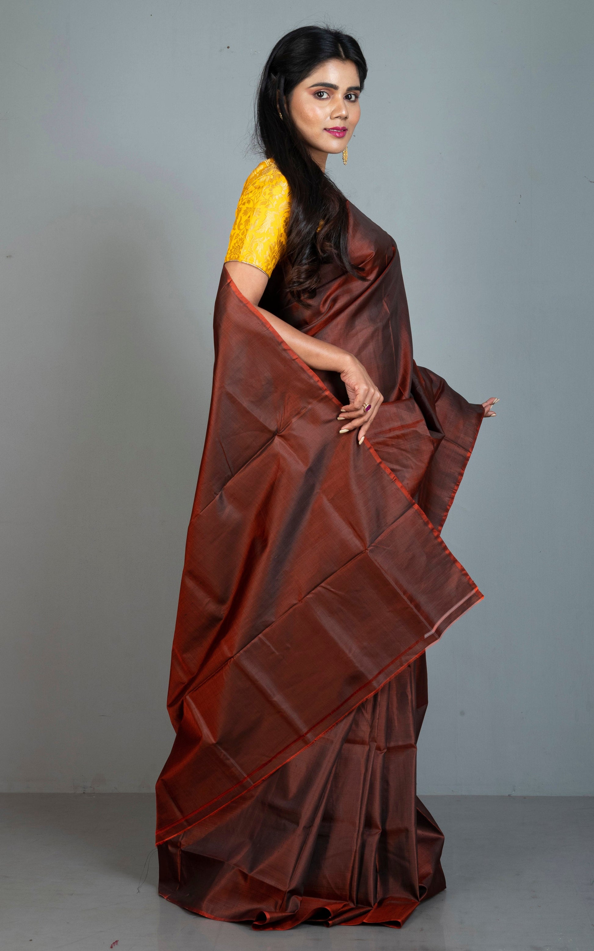 Soft Bishnupuri Katan Silk Saree in Rust Brown