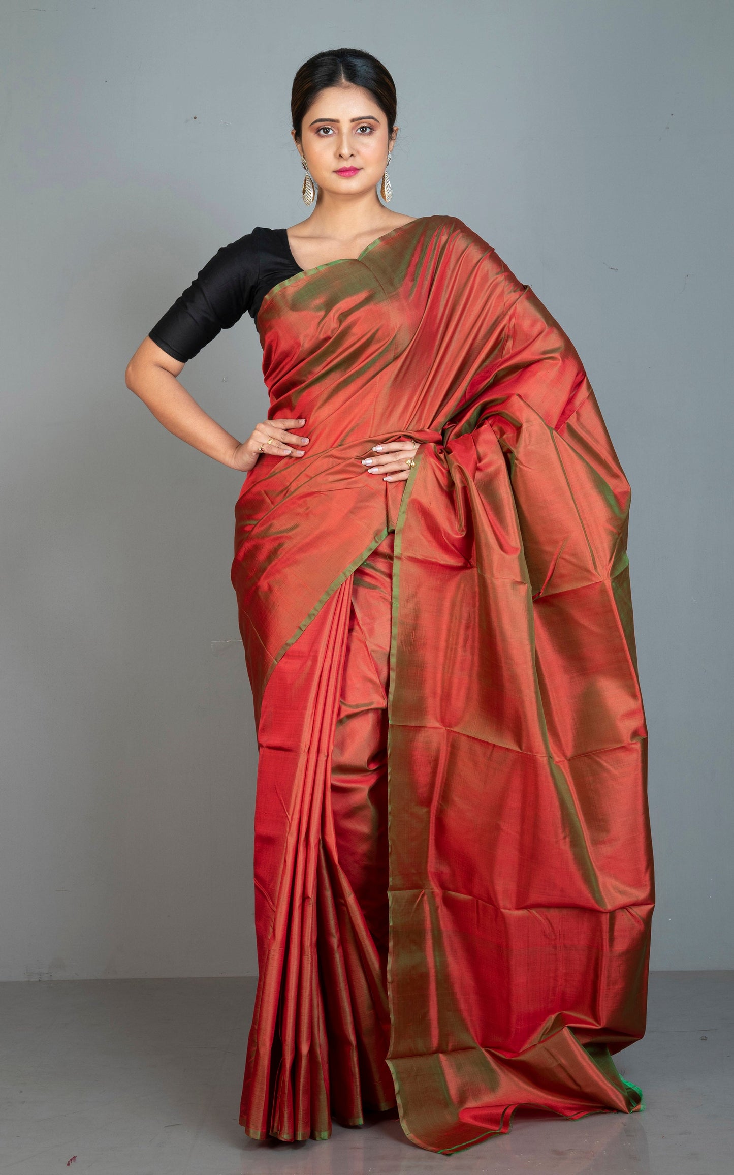 Soft Woven Bishnupuri Katan Silk Saree in Rustic Red