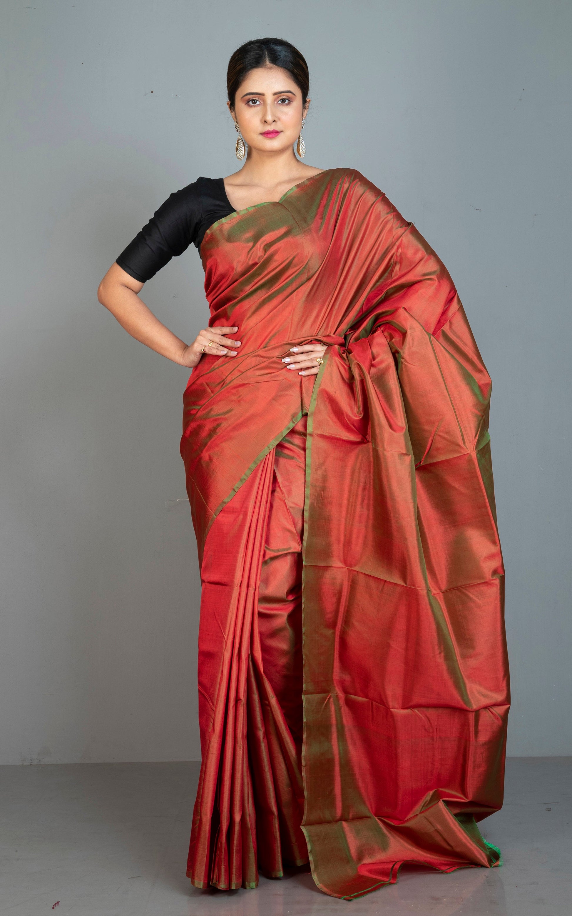 Soft Woven Bishnupuri Katan Silk Saree in Rustic Red