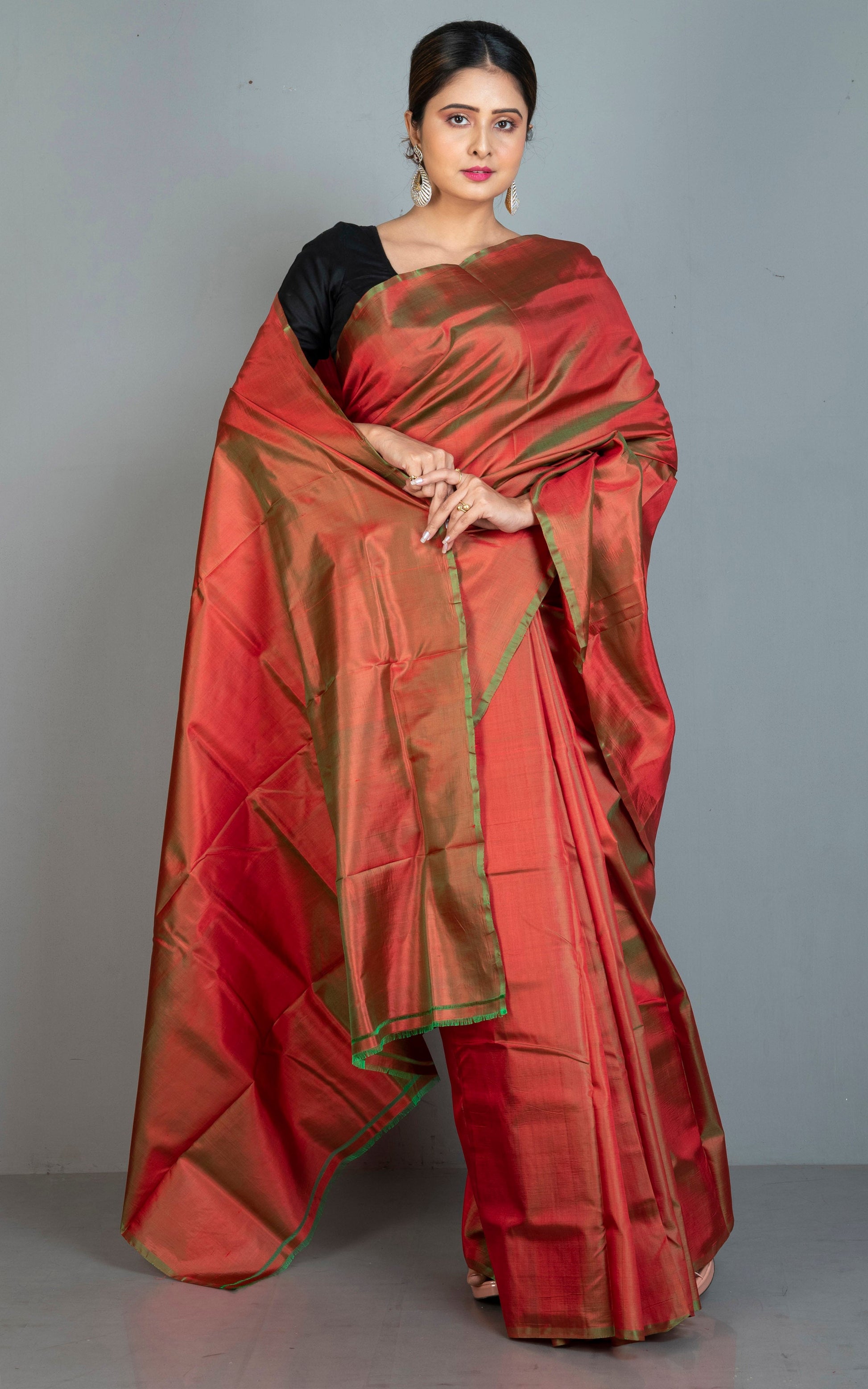 Soft Woven Bishnupuri Katan Silk Saree in Rustic Red