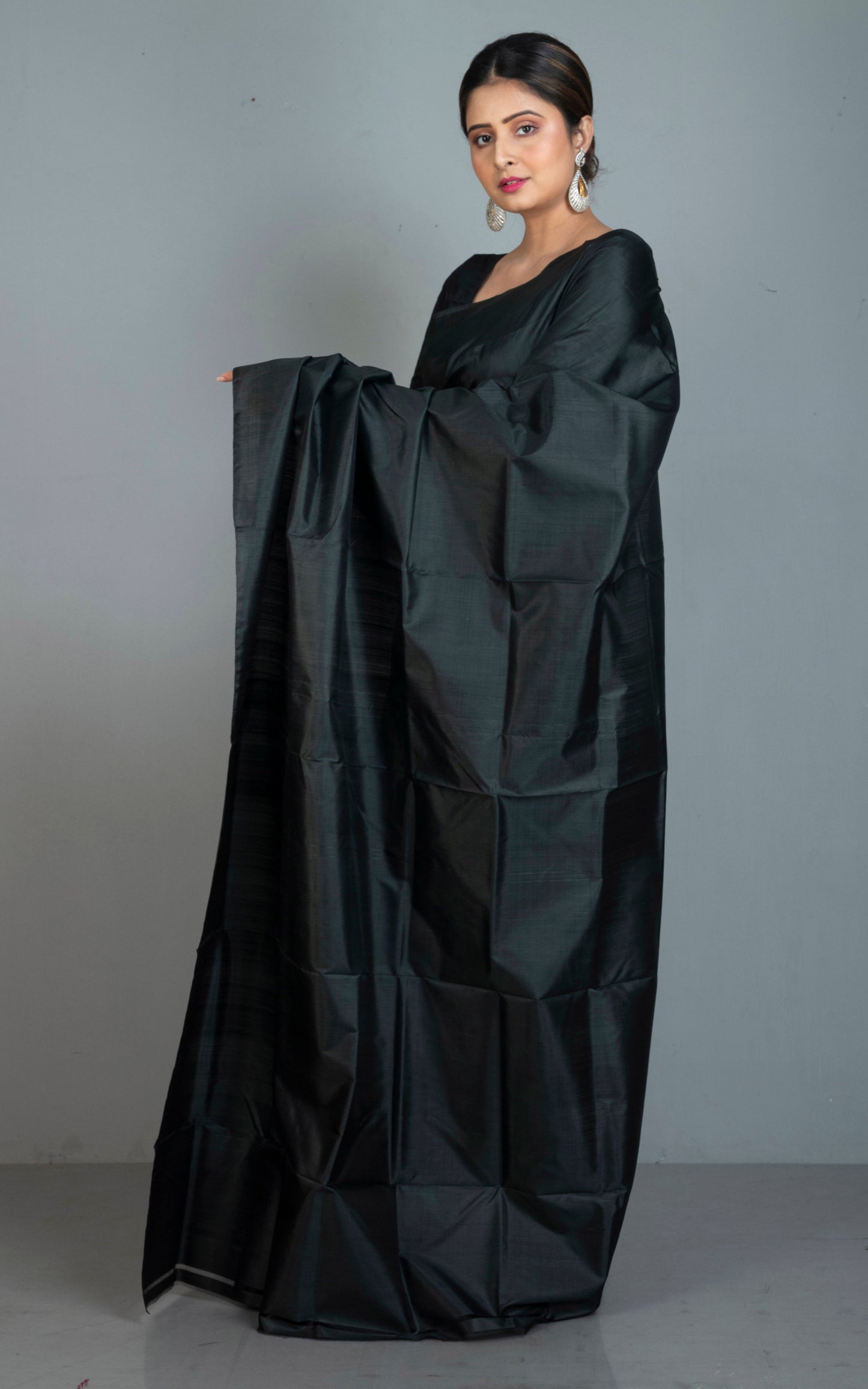 Soft Woven Bishnupuri Katan Silk Saree in Raven Black