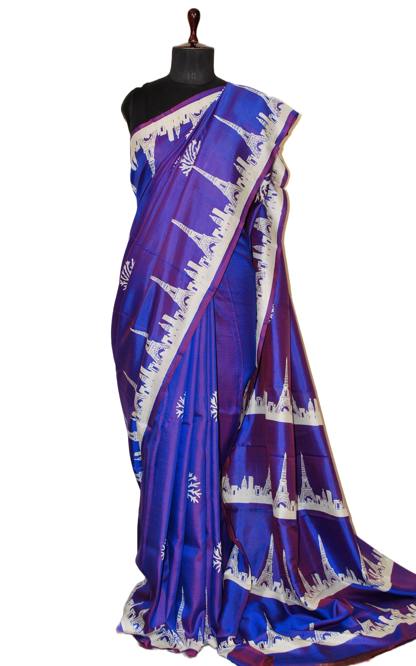 Hand Block Printed Bishnupuri Pure Silk Saree in Purple and Off White