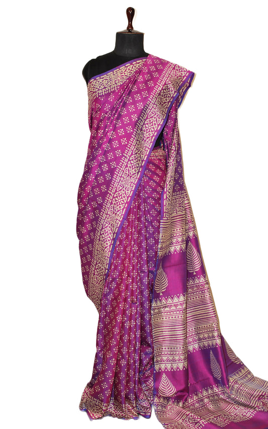 Hand Block Printed Bishnupuri Pure Silk Saree in Purple and Light Beige