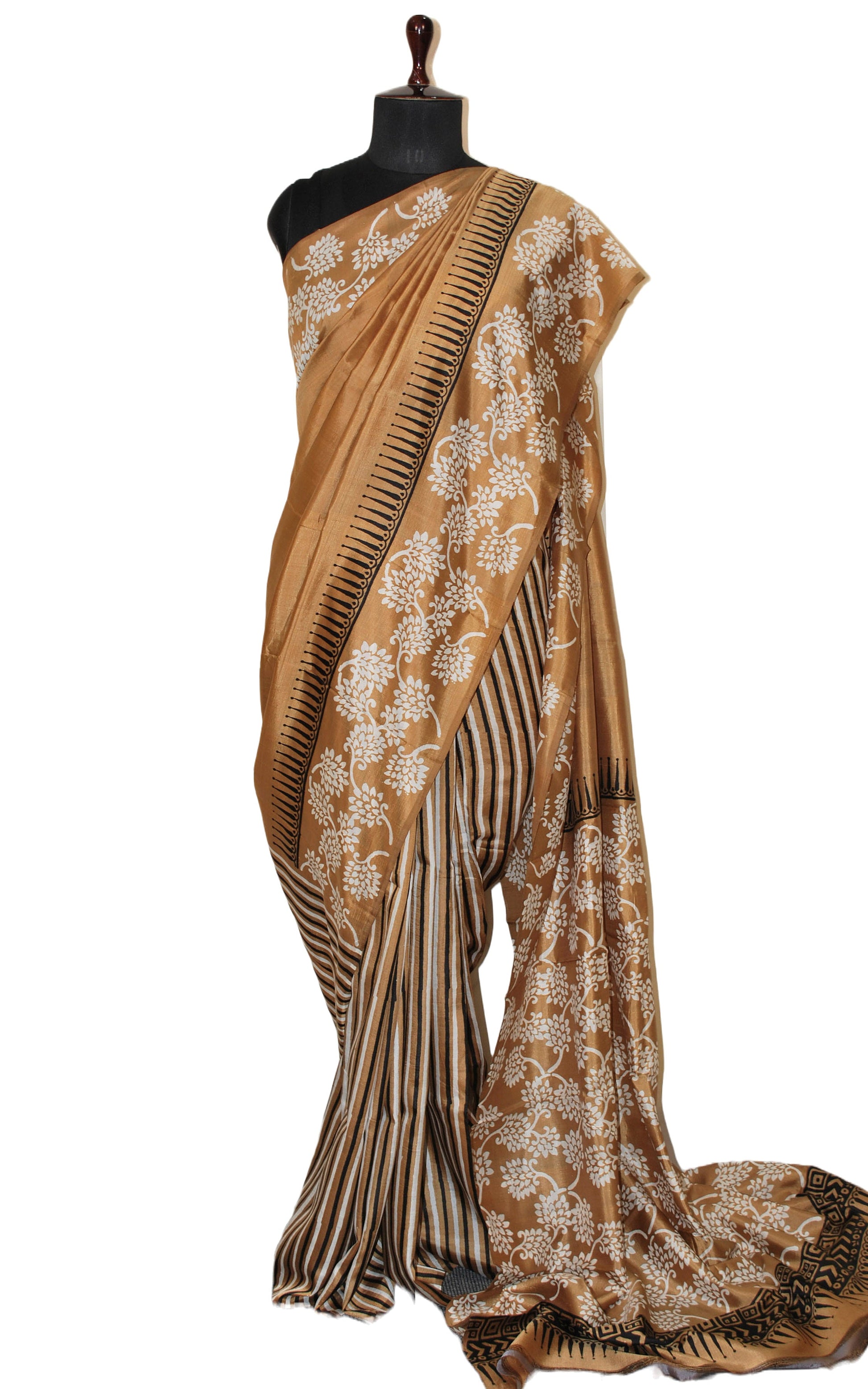 Hand Block Printed Bishnupuri Pure Silk Saree in Metallic Bronze, Black and Off White