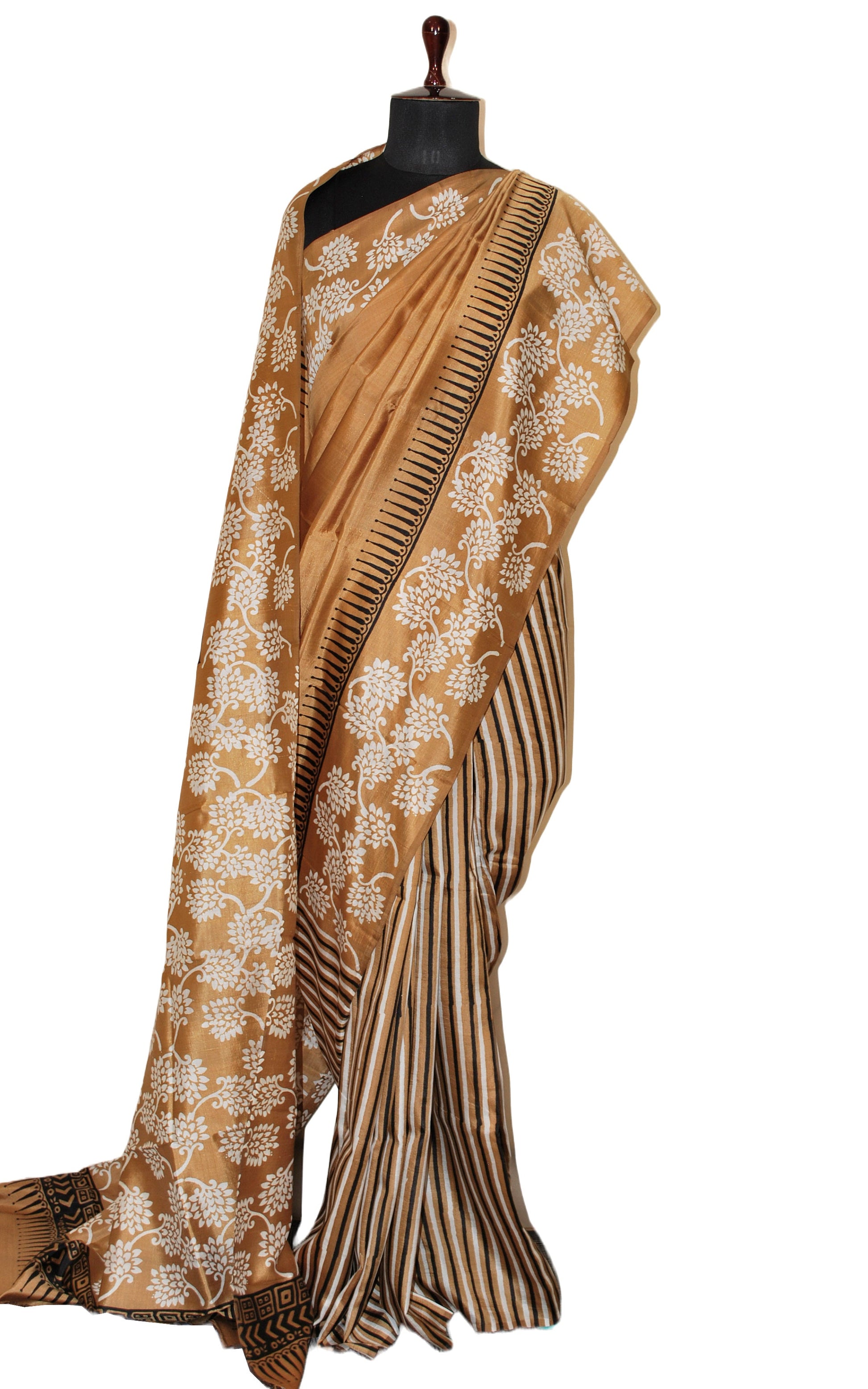 Hand Block Printed Bishnupuri Pure Silk Saree in Metallic Bronze, Black and Off White