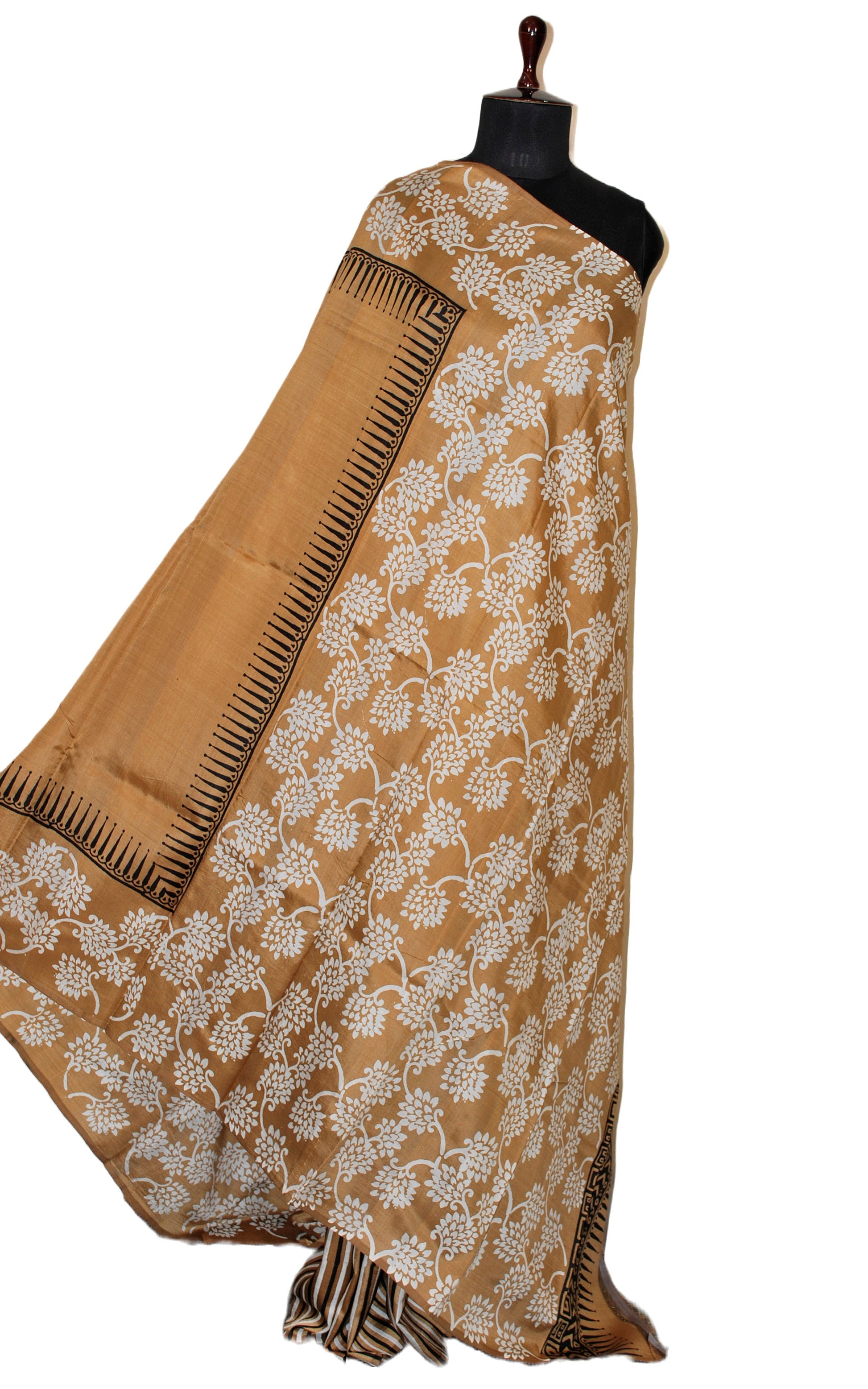 Hand Block Printed Bishnupuri Pure Silk Saree in Metallic Bronze, Black and Off White