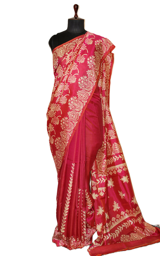 Hand Block Printed Bishnupuri Pure Silk Saree in Raspberry and Off White