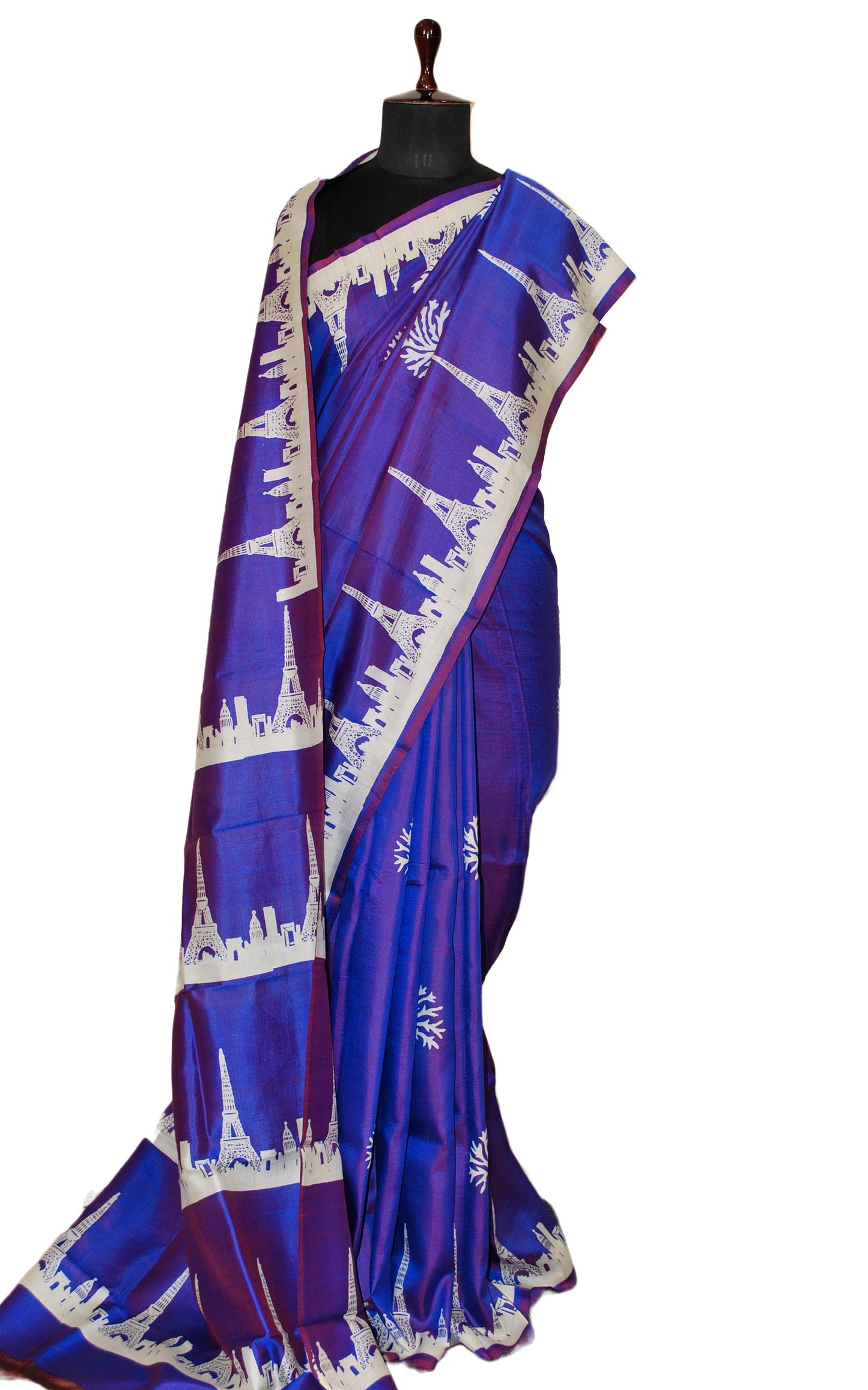 Hand Block Printed Bishnupuri Pure Silk Saree in Purple and Off White